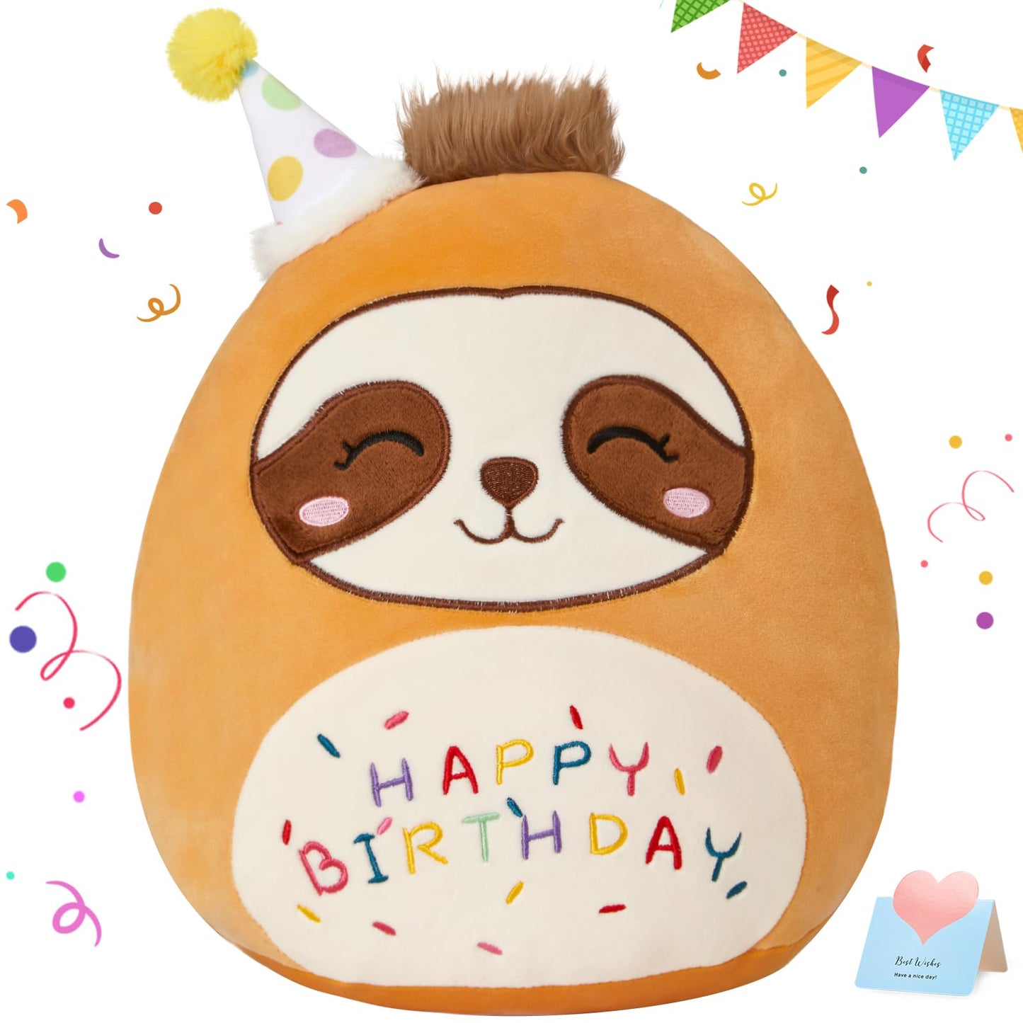 15" Birthday Sloth Plush Pillow Soft Sloth Plush Toy Cute Stuffed Animal Home Room Decoration Birthday Gift for Kids Toddlers Brown