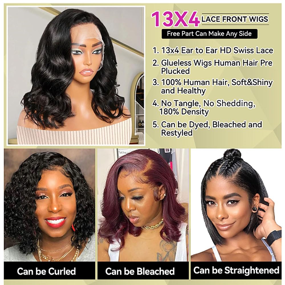 13x4 HD Lace Front Wigs Human Hair 16 Inch Glueless Human Hair Pre Plucked 180 Density Short Body Wave Lace Frontal Wigs Human Hair for Black Women Supre Soft Natural Black Color