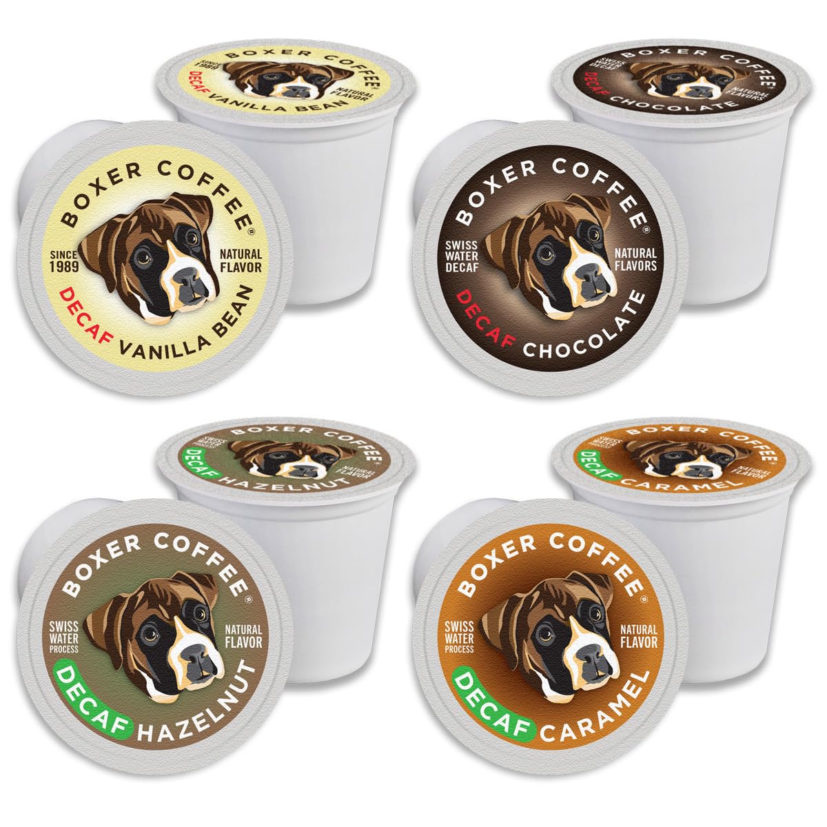 Boxer Coffee Swiss Water Decaf Cozy Classics Variety Naturally Flavored Pods compatible with Keurig K-Cup, 48 count - Vanilla, Chocolate, Hazelnut, Caramel
