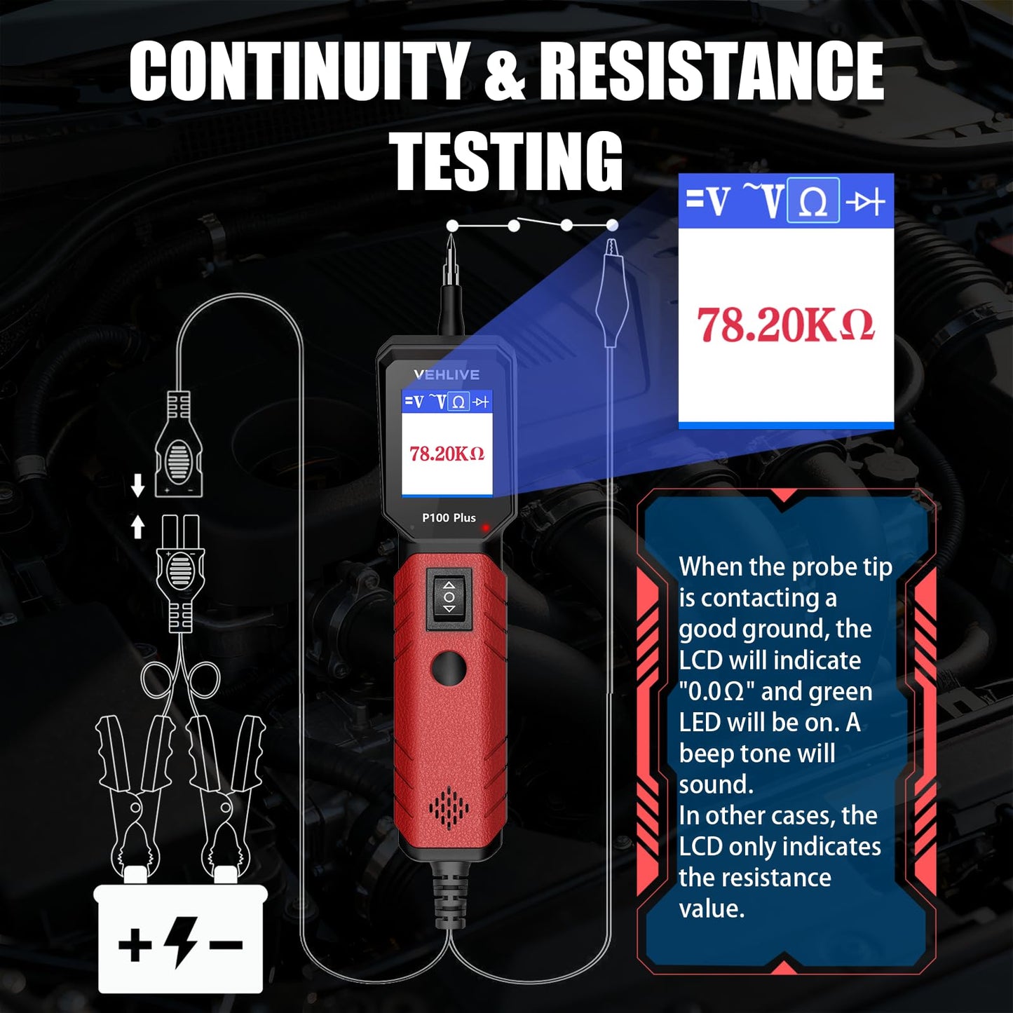 VEHLIVE P100 Plus Automotive Power Circuit Probe Tester,12V 24V Car Automotive Diagnostic Test Tool, Digital Volt Ohm Meter,Circuit Fault Finder w/ 40FT Cable & Tilted Screen