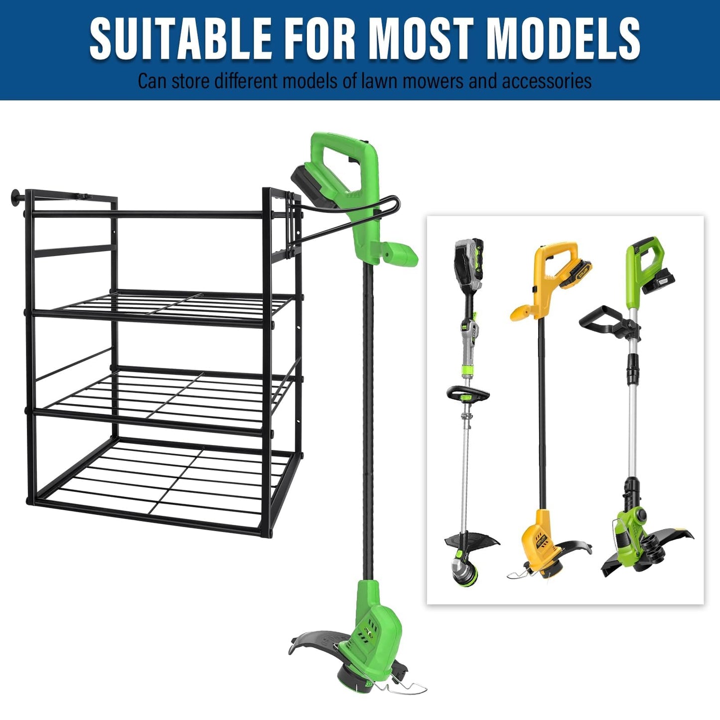 JAYOBGO Power Tool Organizer Wall Mount - Lawn Weed Eater Rack Hanger Power Tool Heavy Duty Holder for Ego Leaf Blower and Weed Eater, 2-in-1, Only Shelf