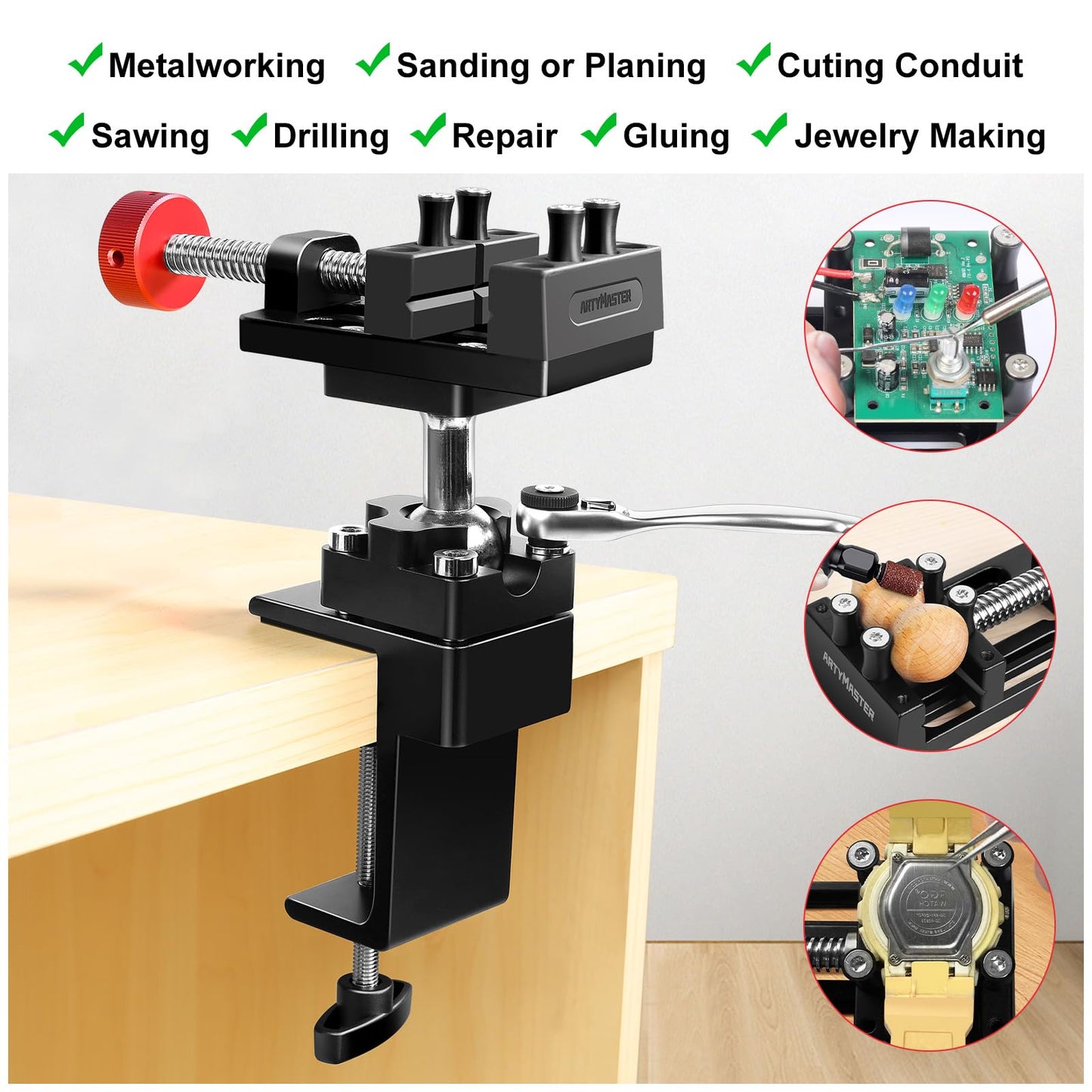 ArtyMaster 360° Rotating Mini Bench Vise with Quick-Release Ratchet Wrench, 2.48" General-Purpose Table Vise for Woodworking, Metalworking, Modeling, Mini Vice Clamp for Small Projects WT104C