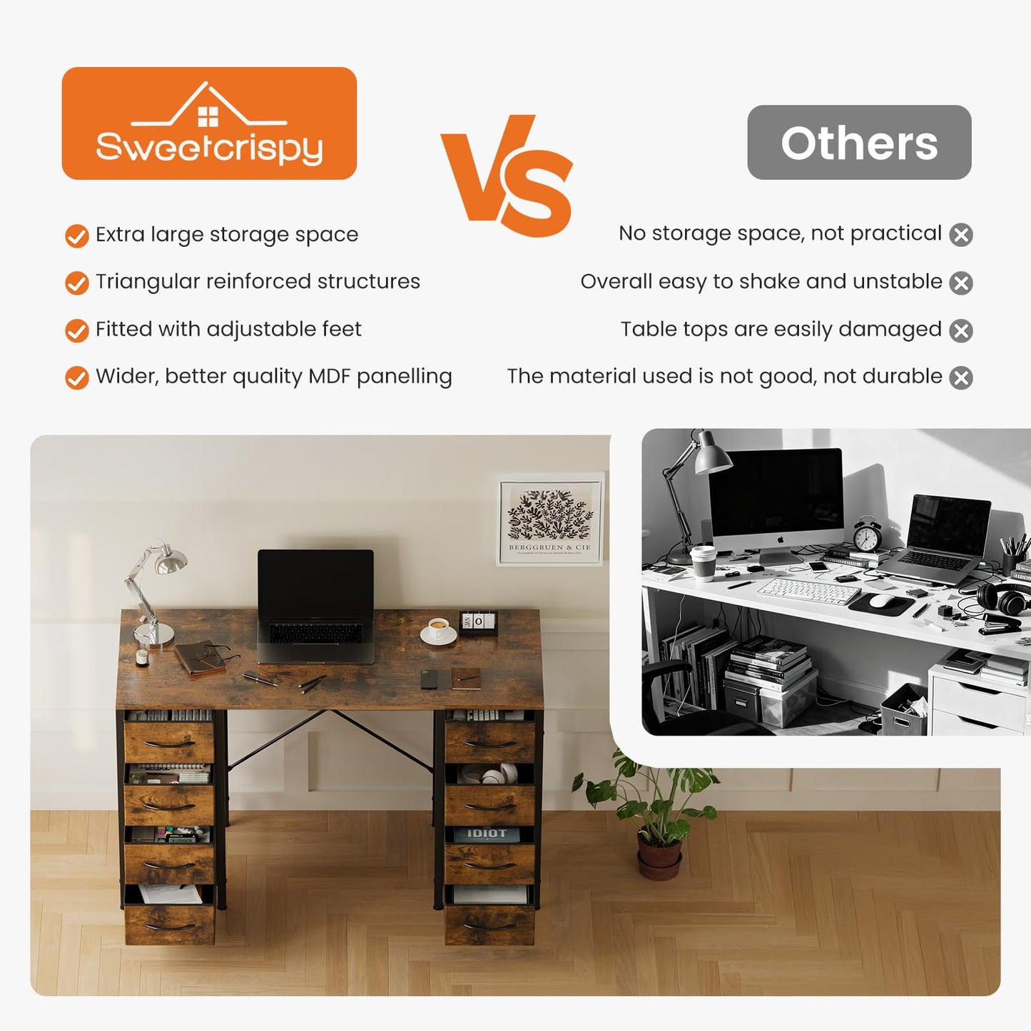Sweetcrispy Desk with 8 Fabric Storage Drawers, Computer Office 47 Inch Gaming Writing Study Table with X-Shaped Reinforced Structure for Home Office Bedroom PC Desk, Brown