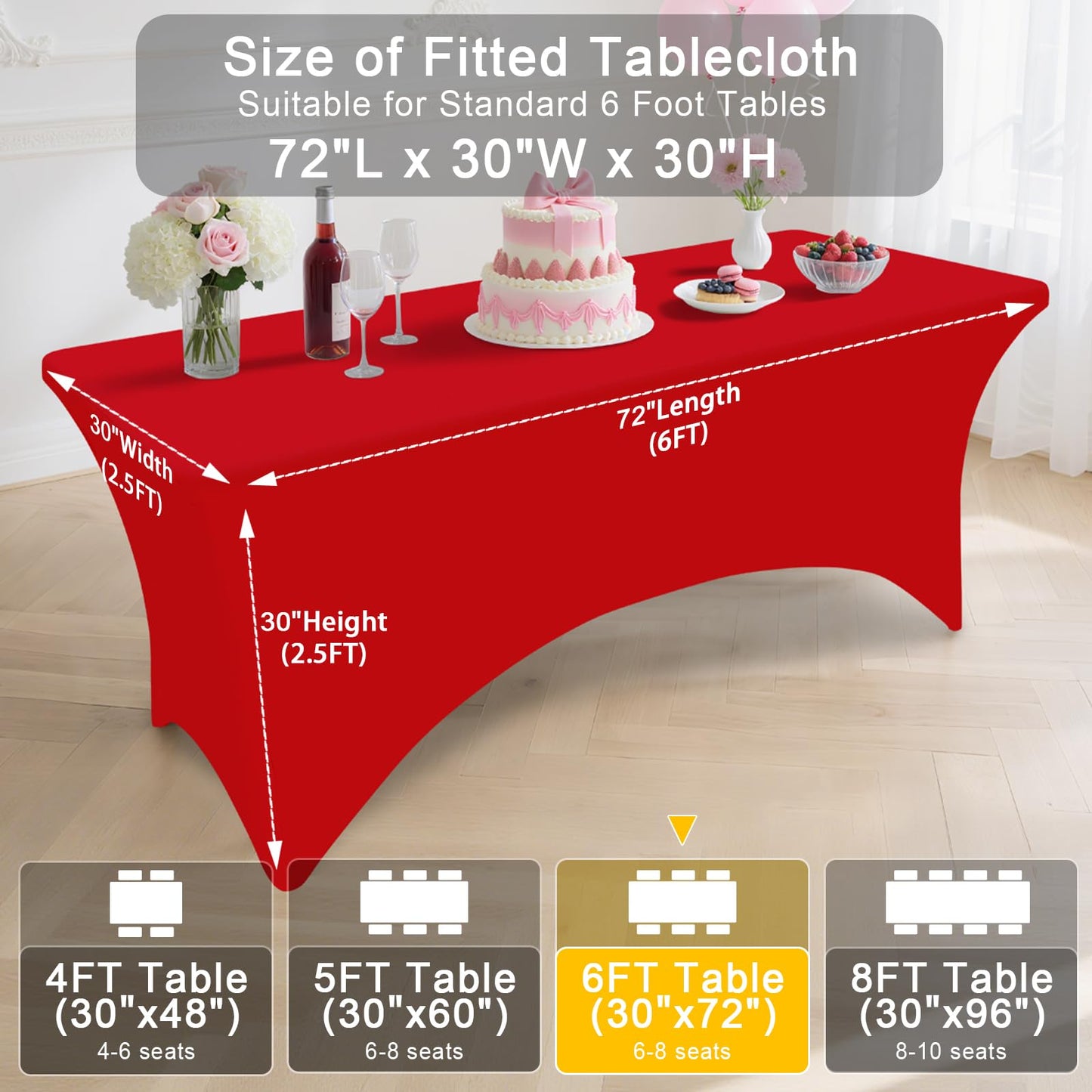 Smiry 2 Pack Spandex Table Cloth 6FT, Elastic Fitted Stretch Tablecloths, Washable and Wrinkle Free Rectangular Patio Table Cover for Wedding, Banquet & Parties (Red, 72Lx30Wx30H Inch)