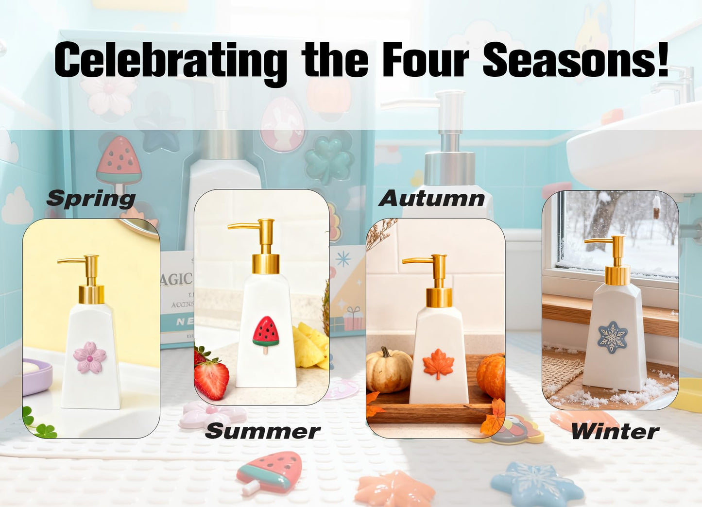 Nestriculus Seasonal Soap Dispenser with 11 Interchangeable Magnets - Seasonal Decor - Farmhouse Bathroom Kitchen Decor (Resin,Built in Magnet) - 8.82oz (Gold)