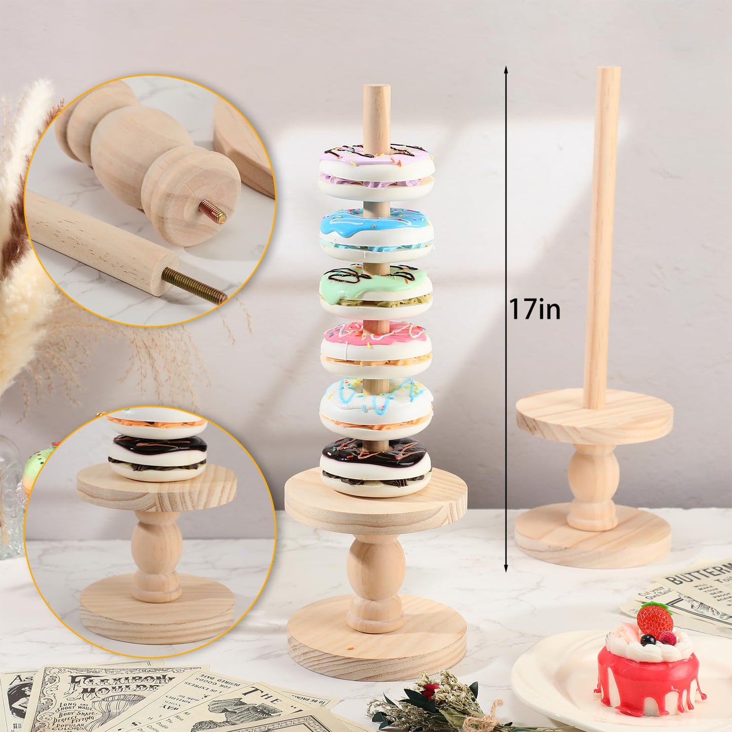 Zhehao 4 Pcs Farmhouse Donut Stand Donut Holder Display Stacker Tower Detachable Doughnut Stand Dessert Tower Tools Serving Decoration Kit for Birthday Wedding Party Decoration(Wood)