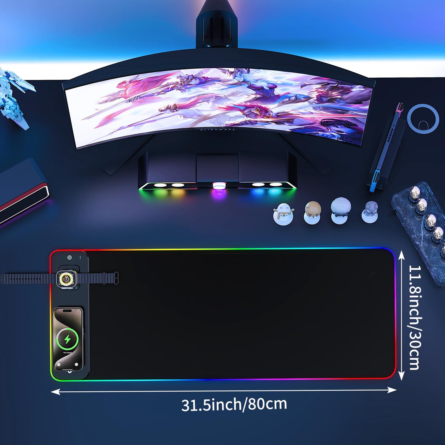 GIM RGB Gaming Mouse Pad with Simultaneous Charging for Phone & iWatch, LED Mouse Mat 800x300x4MM, 14 Light Modes, Non-Slip Rubber Base, Computer Keyboard Mat for Gaming, 20W PD Adapter Included