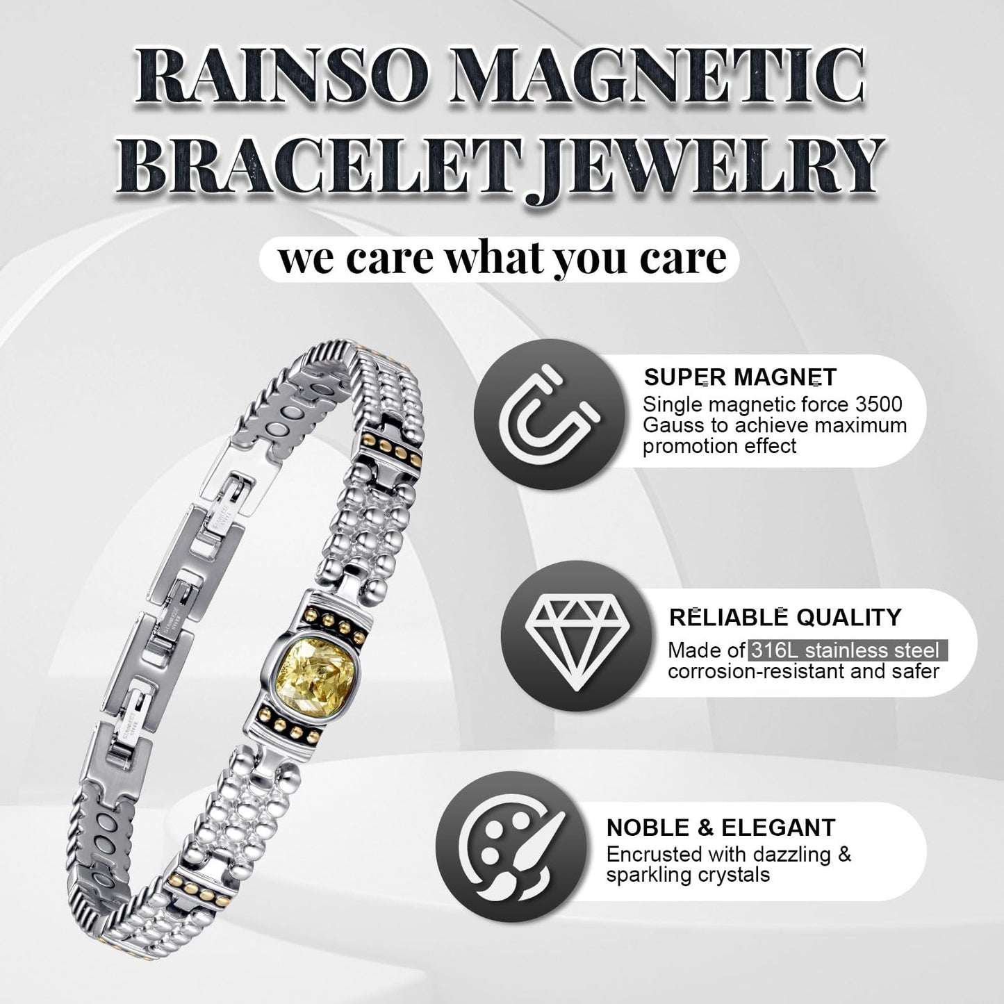RainSo Magnetic Bracelets for Women Elegant Yellow Gemstone Inlaid Stainless Steel 3500 Gauss with Sizing Tool Gift Box Adjustable (Silver)