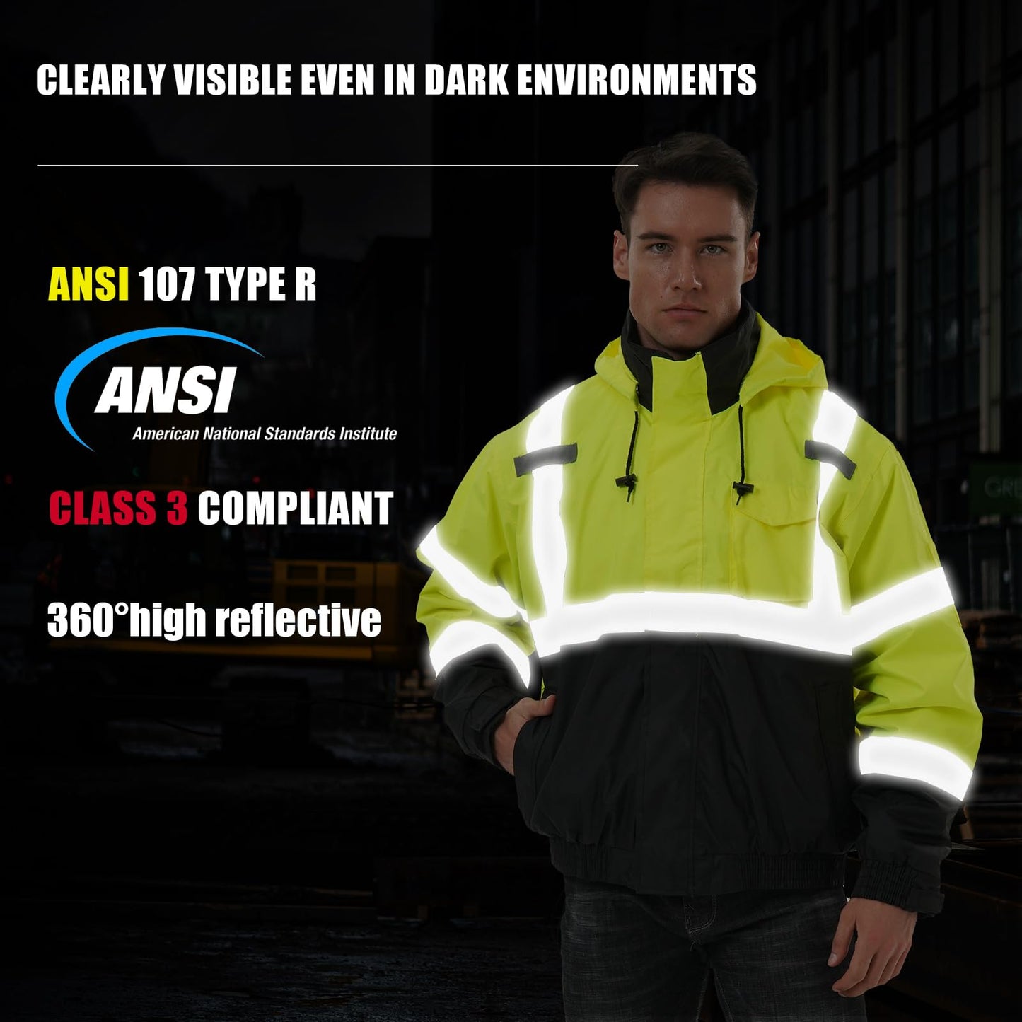 SKSAFETY 3-in-1 High Visibility Winter Bomber Jackets Zip Out Fleece Liner Reflective Safety Coats for men Waterproof ANSI/ISEA Class 3(Lime L)