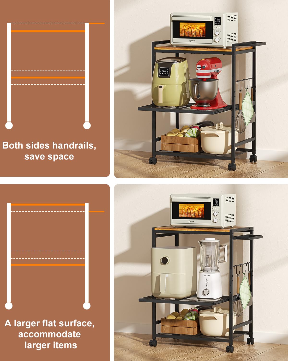 3-Tier Microwave Cart with Adjustable Shelves, Rolling Kitchen Cart with Push Handle & Smooth Slider Shelf, Small Utility Stand with Storage for Small Space Kitchen, Waterproof & Hardwood Floor Safe