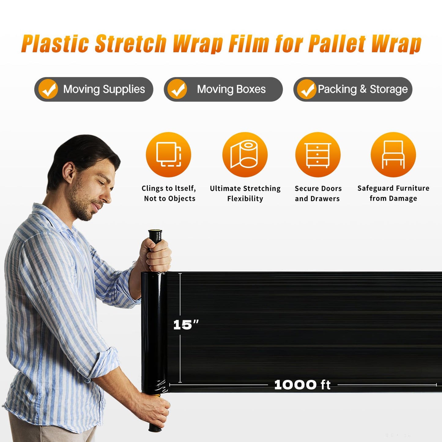 Black Stretch Wrap Shrink Film for Moving Supplies (15inch, 2 Pack) x 1000ft, Industrial Strength Plastic Wrap Stretch Roll for Privacy Protection Pallet Shipping Moving Boxes Furniture with Handles