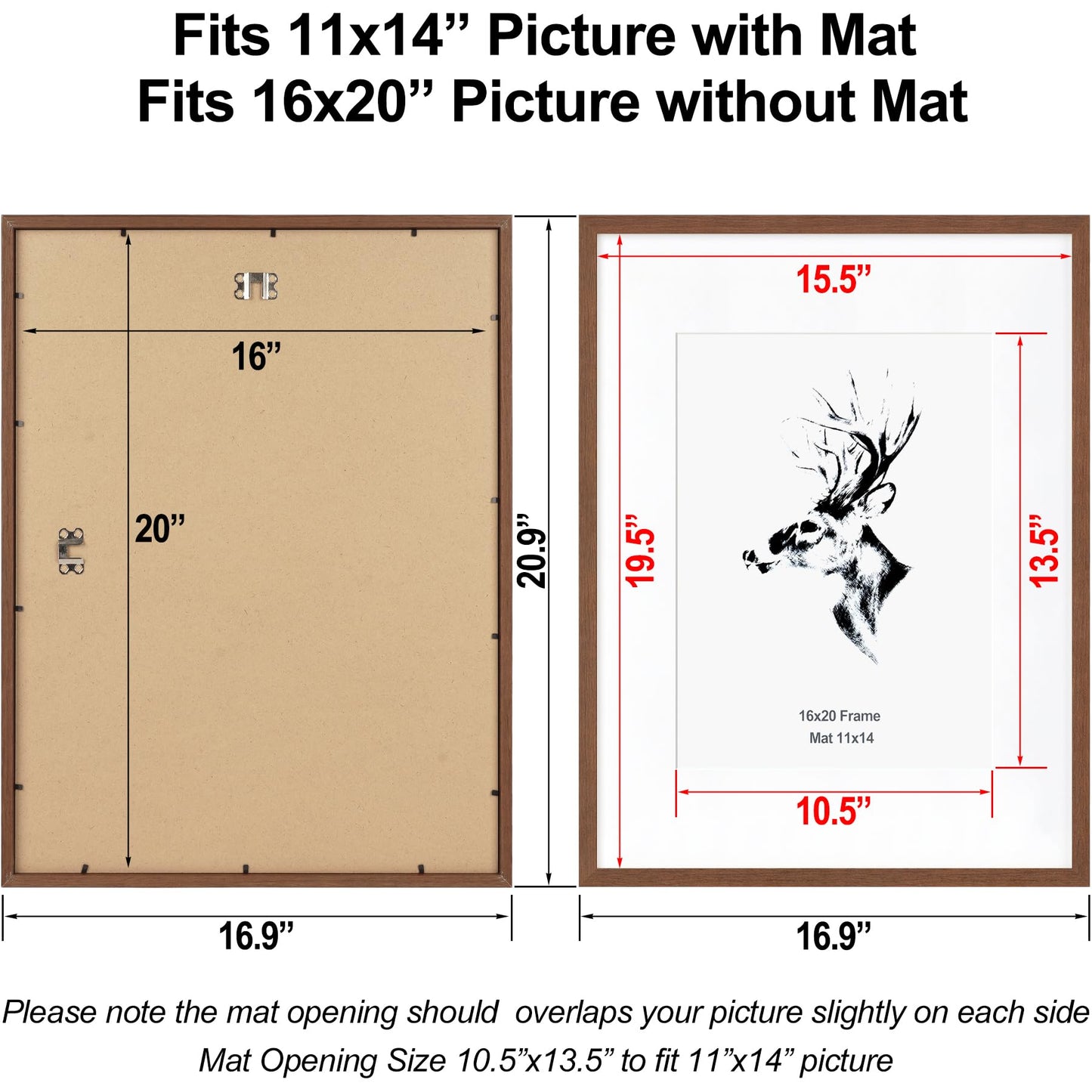 Yaetm 16x20 Picture Frame Matted to 11x14 Set of 4, Walnut Brown, Solid Wood 16x20 Frame for Photos, Posters & Art Prints, Horizontal and Vertical Wall Mount (4 pack, Walnut)