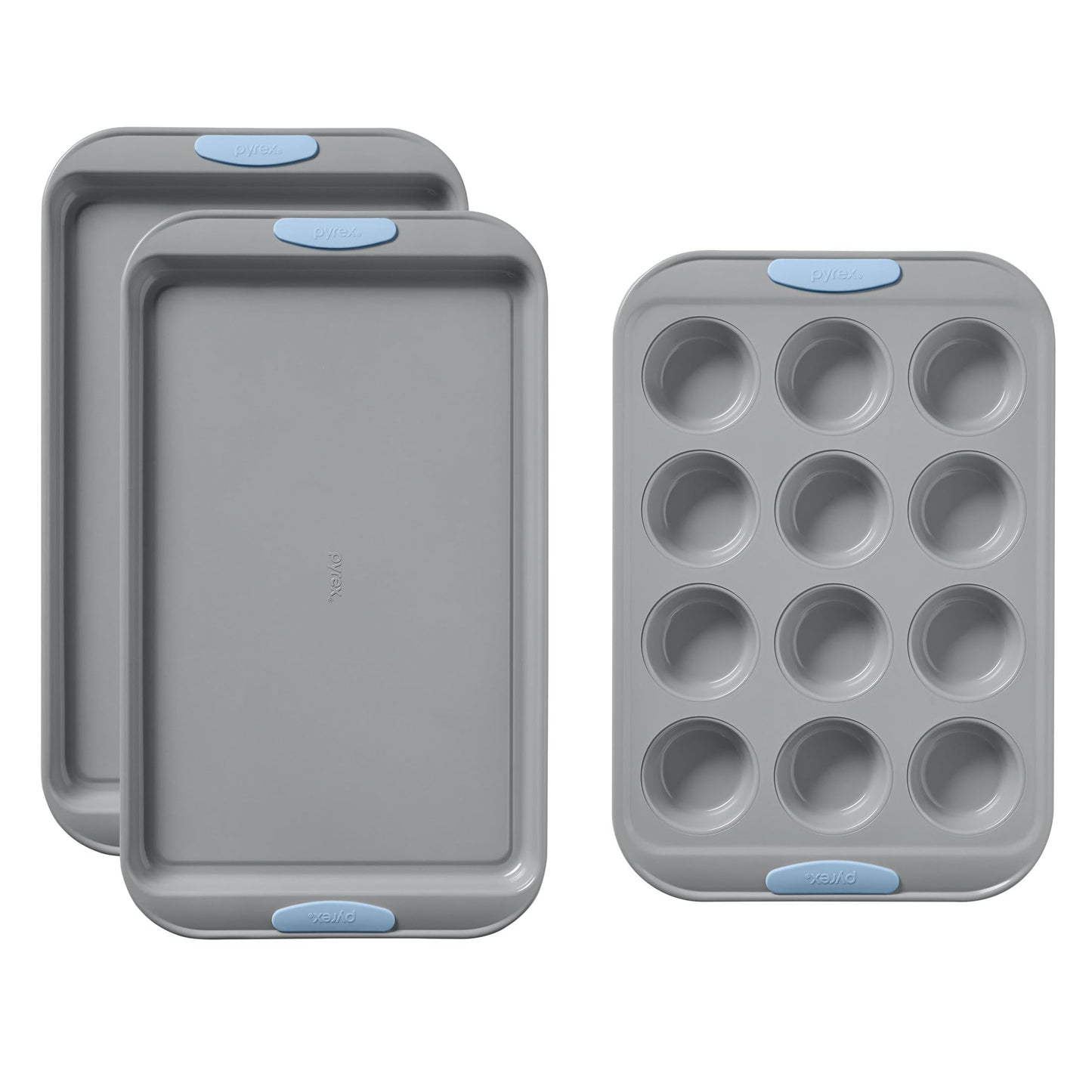 Pyrex 3-Piece Metal Cookie & Muffin Sheet Bakeware Set, Lightweight Stainless Steel Baking Trays with Heatsafe Silicone Handles, Cookie Muffin Sheet Baking Pan, Cerulean