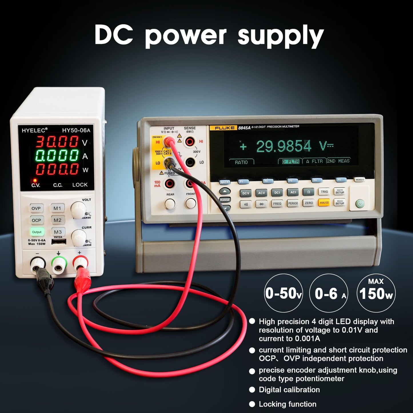 HYELEC Variable DC Power Supply,0-50V 0-6A max150W Switching Regulated Bench Power Supply with Memory, 4-Digit LED Display, 5V2A USB Interface, Output Switch, Coarse and Fine Adjustments