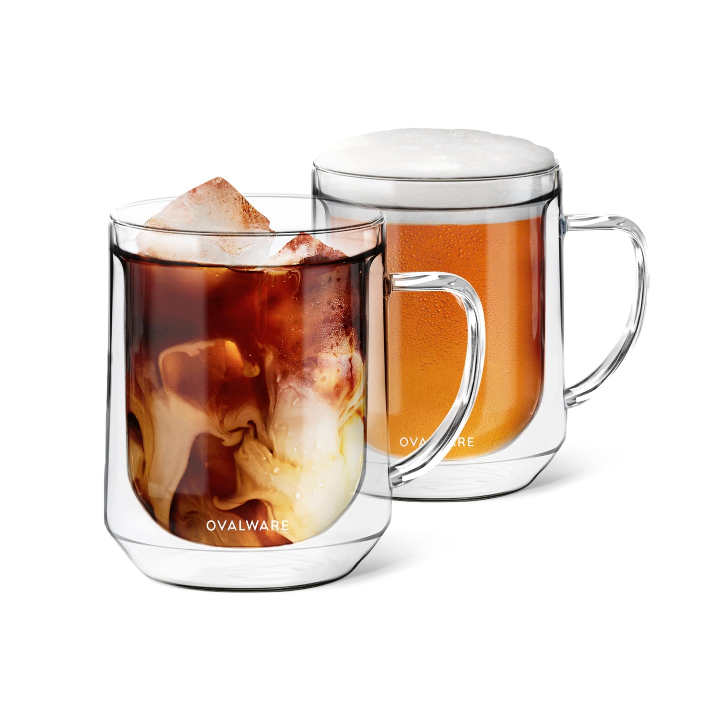 ovalware 500ml Double Wall Glass Coffee Mugs, Single Lip Mugs Made of Durable Borosilicate Glass, Insulated Coffee Mug with Handle for Hot and Cold Drinks - Clear