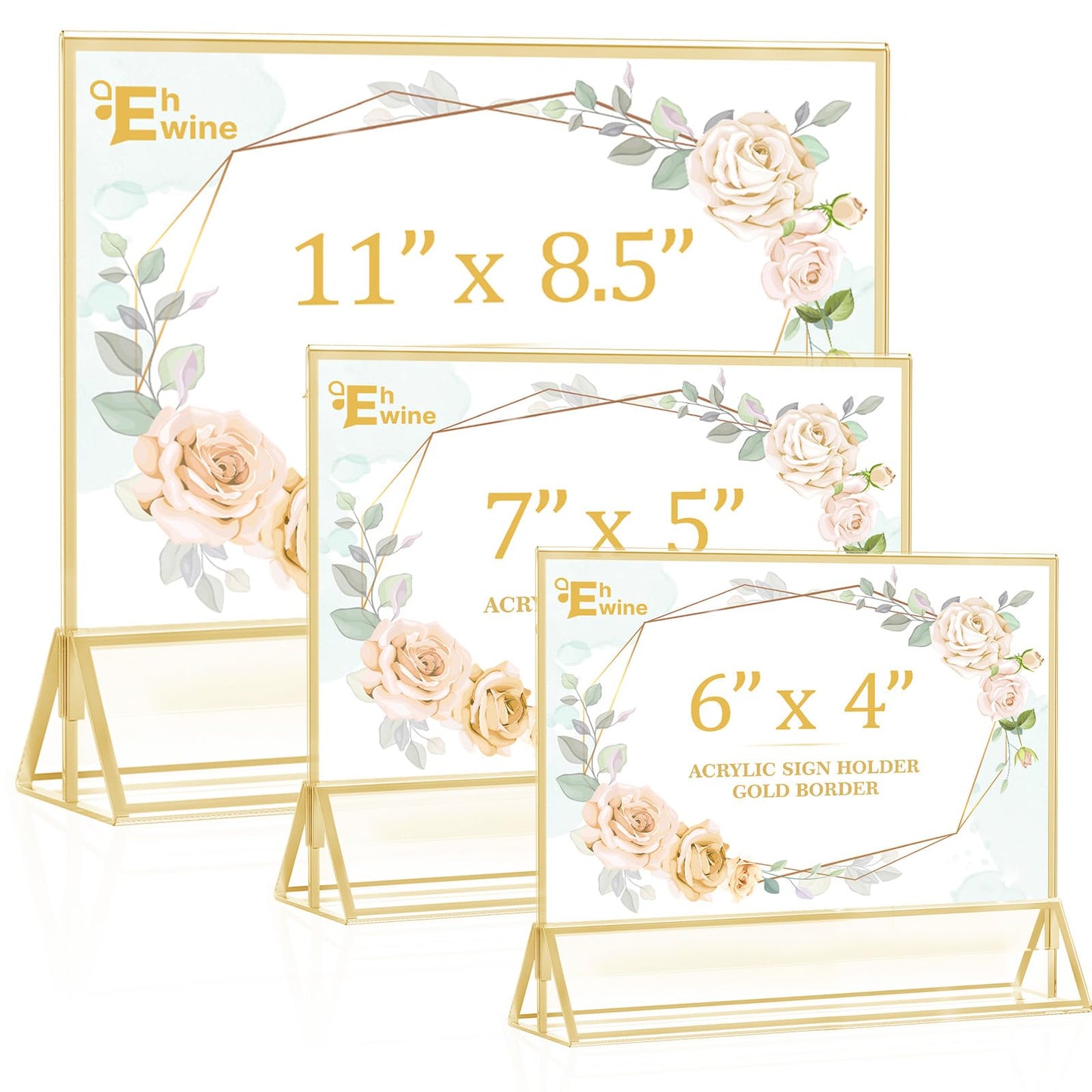 EHWINE 12 Pack Acrylic Sign Holder 5 x 7 Horizontal, Double-Sided Stand up Table Top Sign Holders, Gold Acrylic Picture Frame Menu Flyer Paper Holder Display Stand for Office Business Store Wedding Party