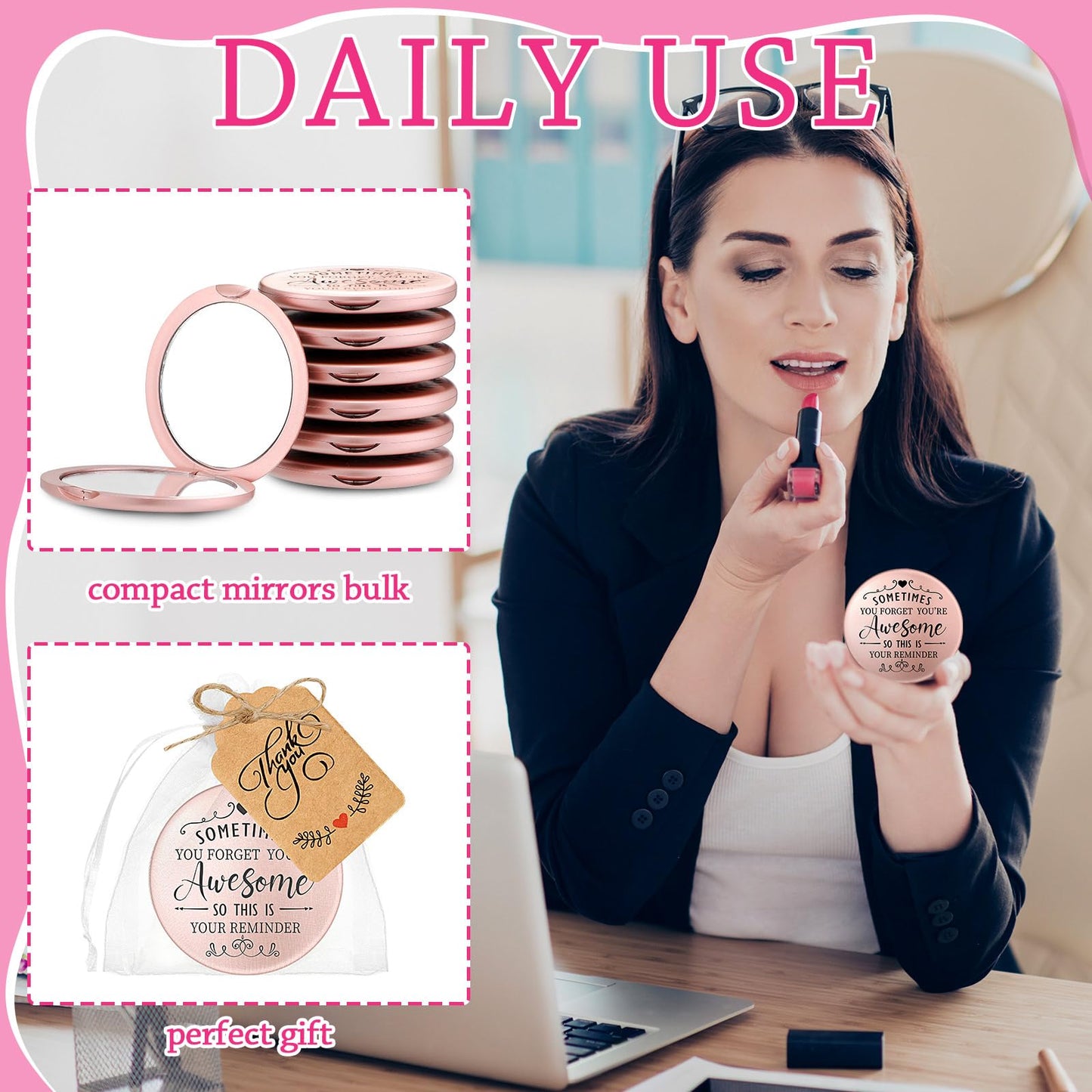 Soaoo 24 Set Sometimes You Forget Your Awesome Mirrors Gifts Bulk for Women Inspirational Appreciation Double Sided Pocket Compact Makeup Mirrors for Employee Coworker Wedding Bridal Shower Gift