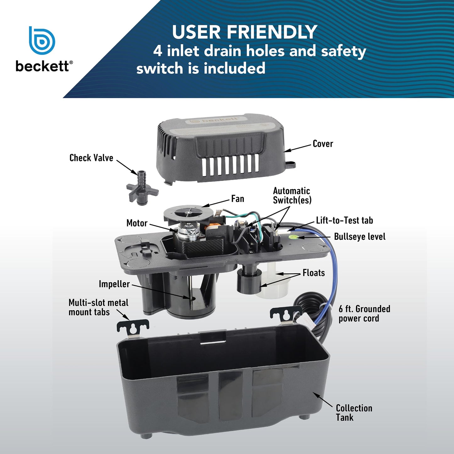 Beckett BK171UL Condensate Pump with Safety Switch, 115V, 17 ft Max Lift, 112 GPH, Automatic On/Off Operation, Black