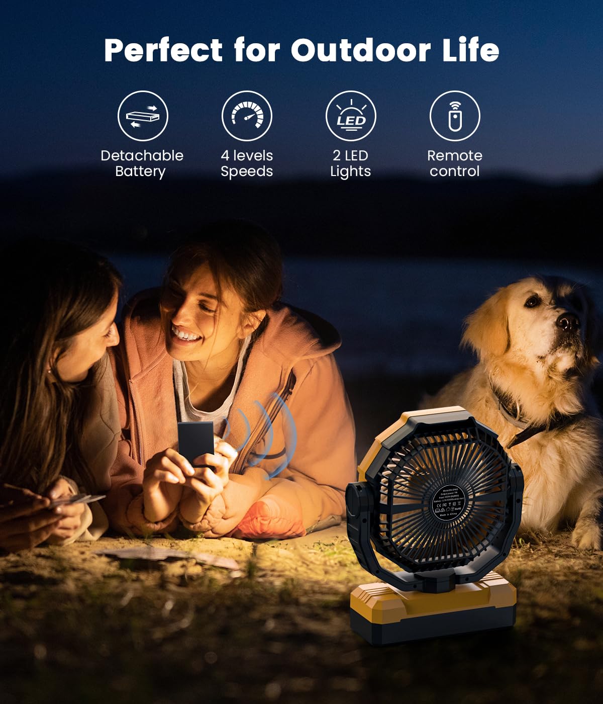 Rechargeable Fan with 2PCS Detachable Battery - 48000mAh(127H Working) Camping Fan Portable, Battery Powered Fans with Hook, Timers, Ventilador Recargable for Tent, Travel, Gifts for Men Dad, Yellow