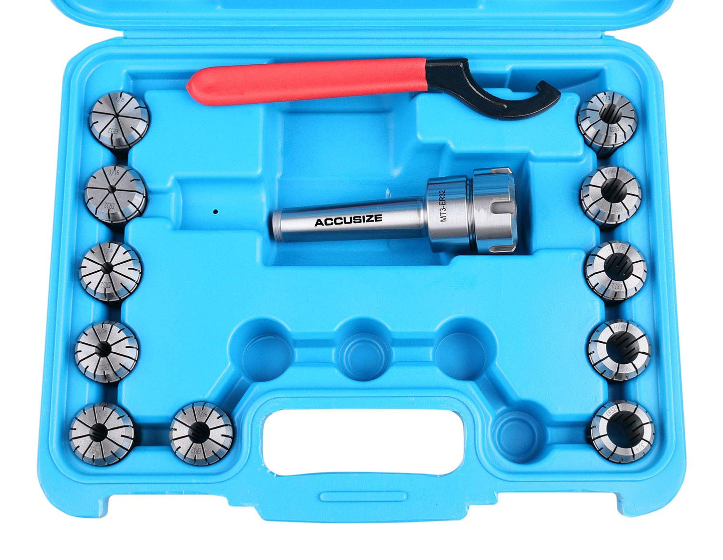 Accusize Industrial Tools Mt3 Shank Er32 Chuck with 11Pc Collets Kit, 1/8'' - 3/4'' by 16Th, Morse Taper Collet System, 0223-0304