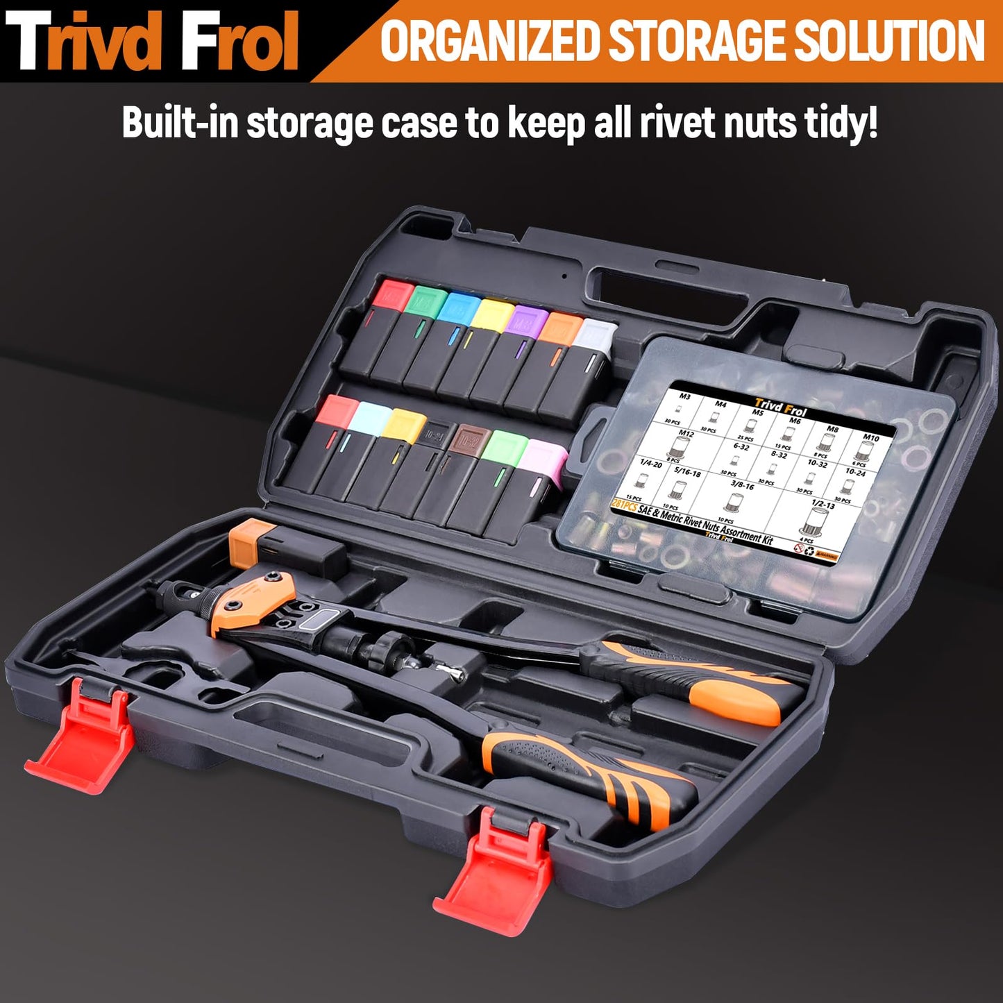Trivd Frol 16" Rivet Nut Tool, Nutsert Rivet Nut Tool Kit with 15 Metric and SAE Mandrels, 281Pcs Rivet Nut Assortment Kit and Rugged Carrying Case