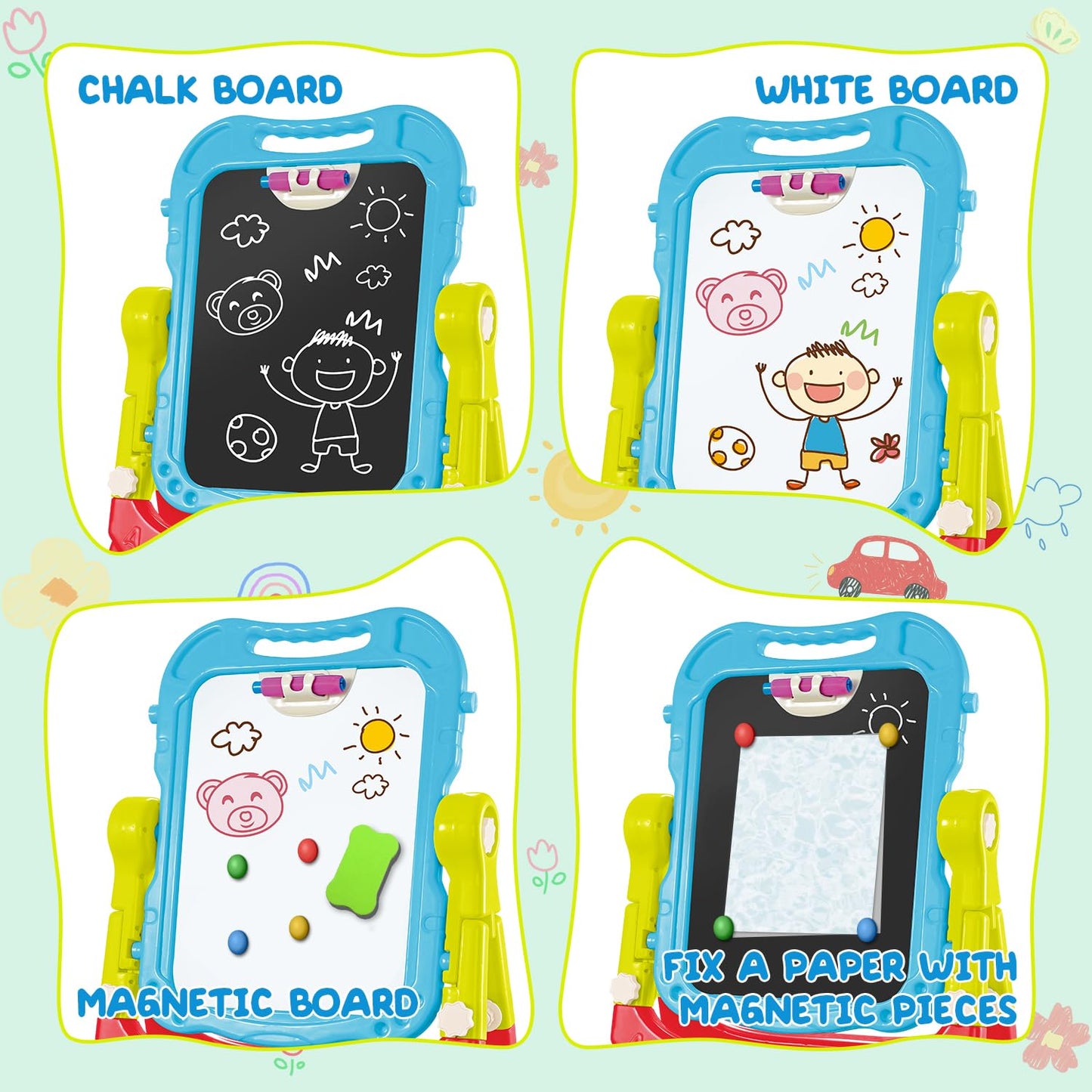 Toddler Art Easel Toys, Magnetic Chalk Board and White Board Easel for Kids with Painting Accessories, Rotatable Double Sided Easel, Birthday Gift for Boys and Girls