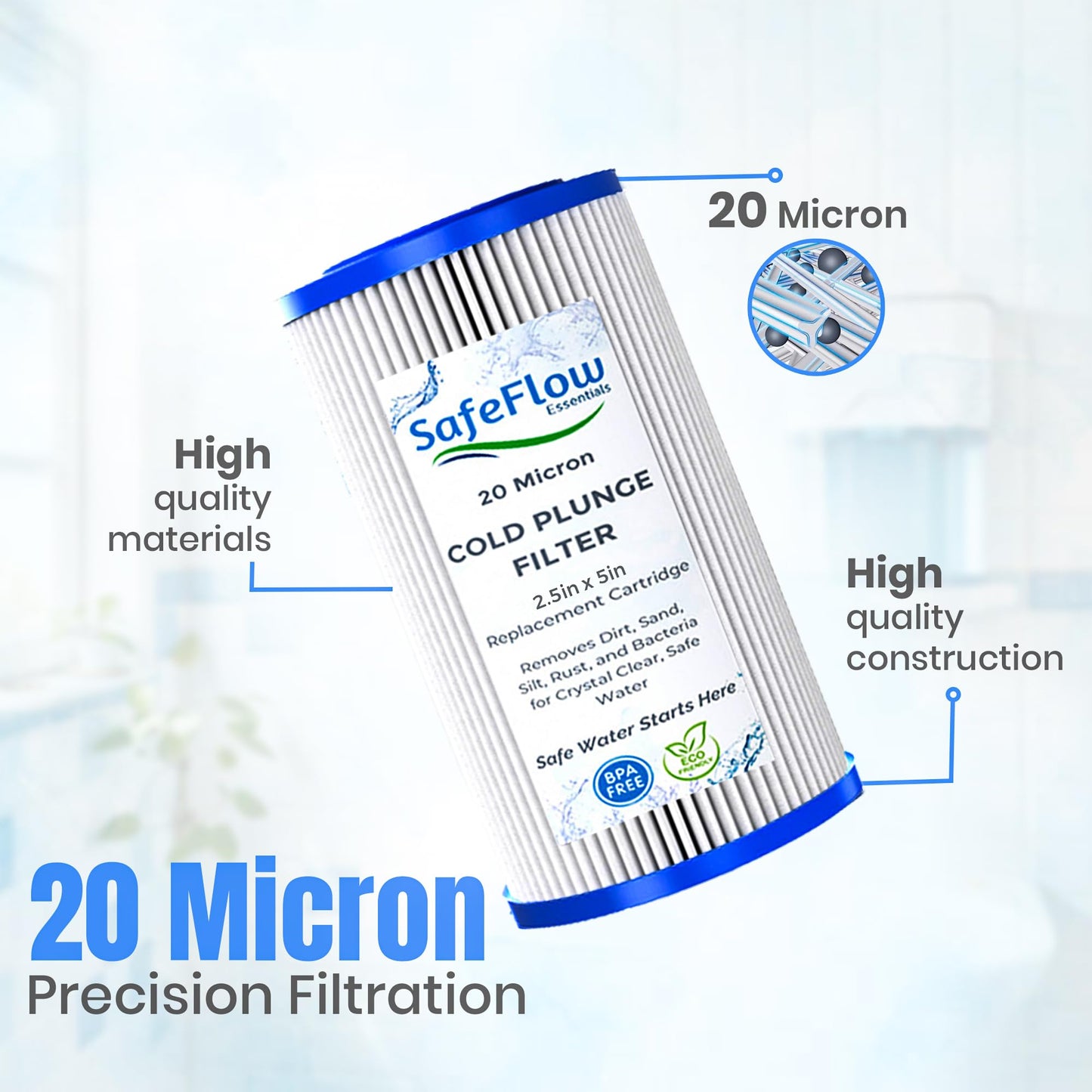 SafeFlow Essentials 5" x 2.5" Cold Plunge Filter 20 Micron – Fits The Pod Ice Cold Plunge Water Chiller, Cold Plunge Filters, and Under Kitchen Sink Systems (6)
