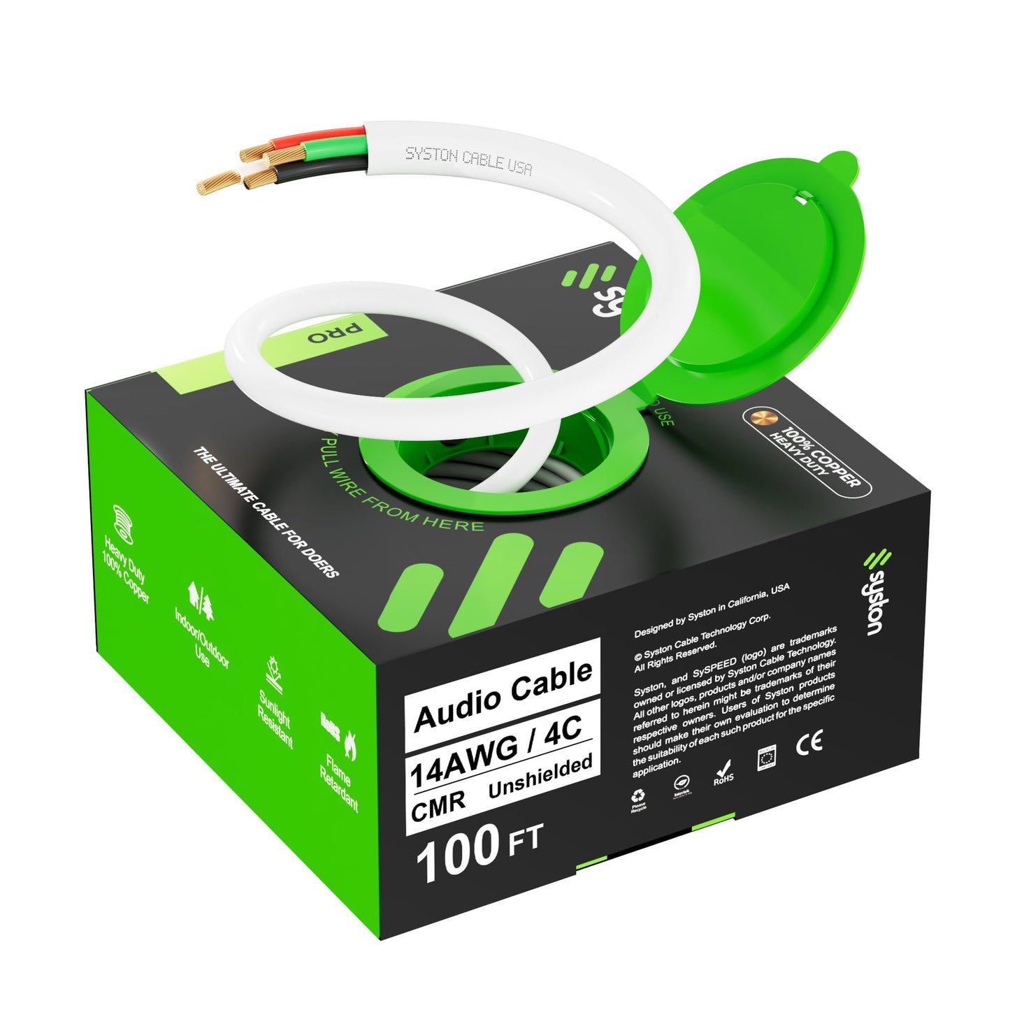 SYSTON 14/4 Speaker Audio Cable Wire Bulk, 14AWG 4C Strand OFC - Oxygen Free Copper Conductors, CMR Riser-Rated Indoor/Outdoor UV Resistant RoHS Compliant for Home Theater Car Speakers, White 100 FT