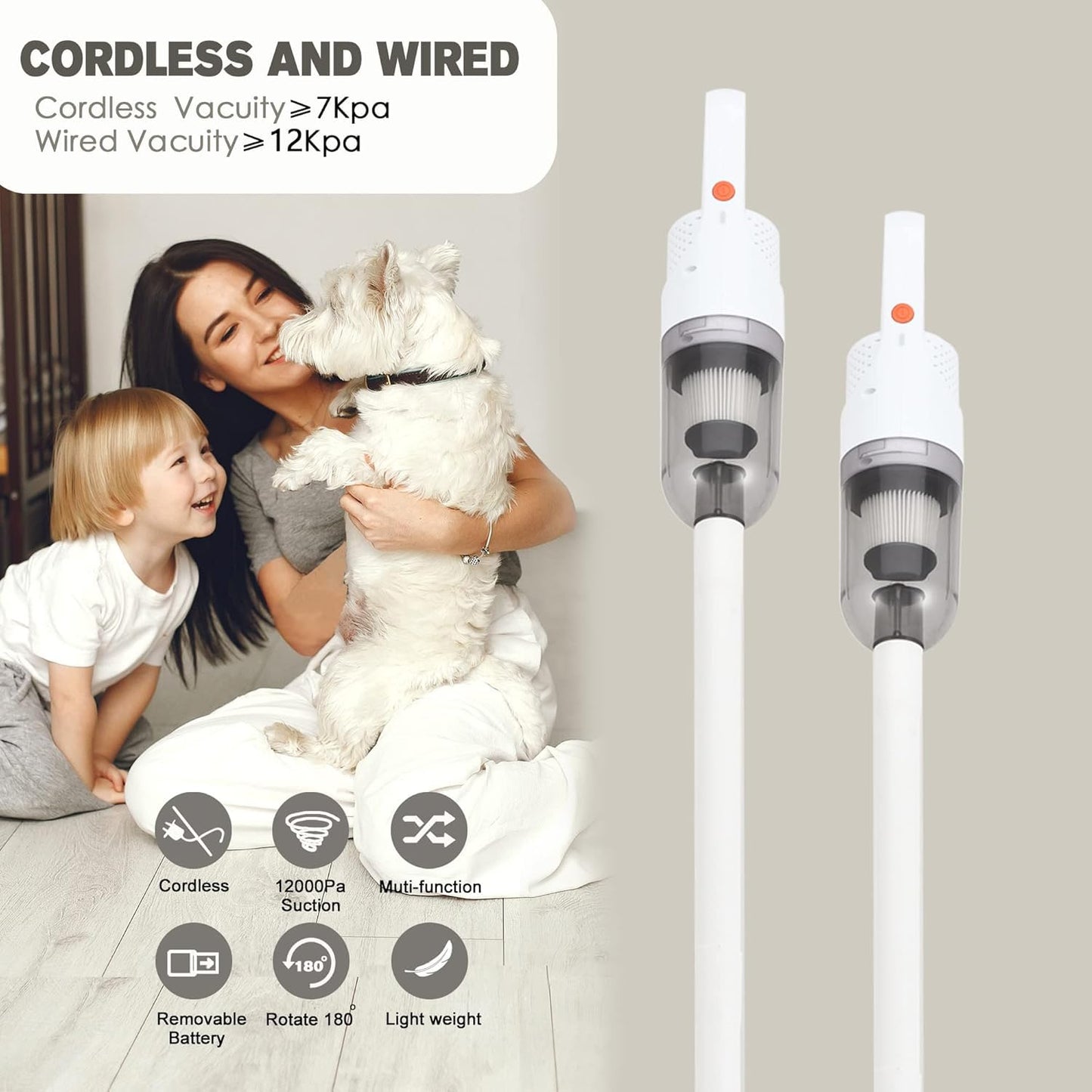 SIPPON 6-in-1 Lightweight Stick Vacuum Cleaner with 100W Powerful Motor, Mini Portable Household Handheld Vacuum Cleaner for Domestic Hard Floors, Carpets and Pet Hair (White Cordless Without Plug)