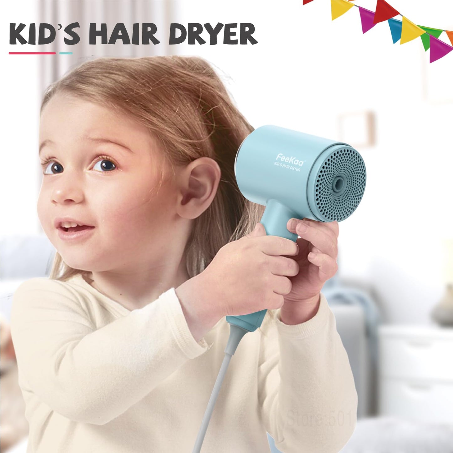 Feekaa Kids Hair Dryer, Portable Mini Blow Dryer with Diffuser, Quiet Small Hair Dryer for Children, Compact Kids Hairdryer with DIY Stickers Lightweight, Boy & Girl Birthday Gift, Pink
