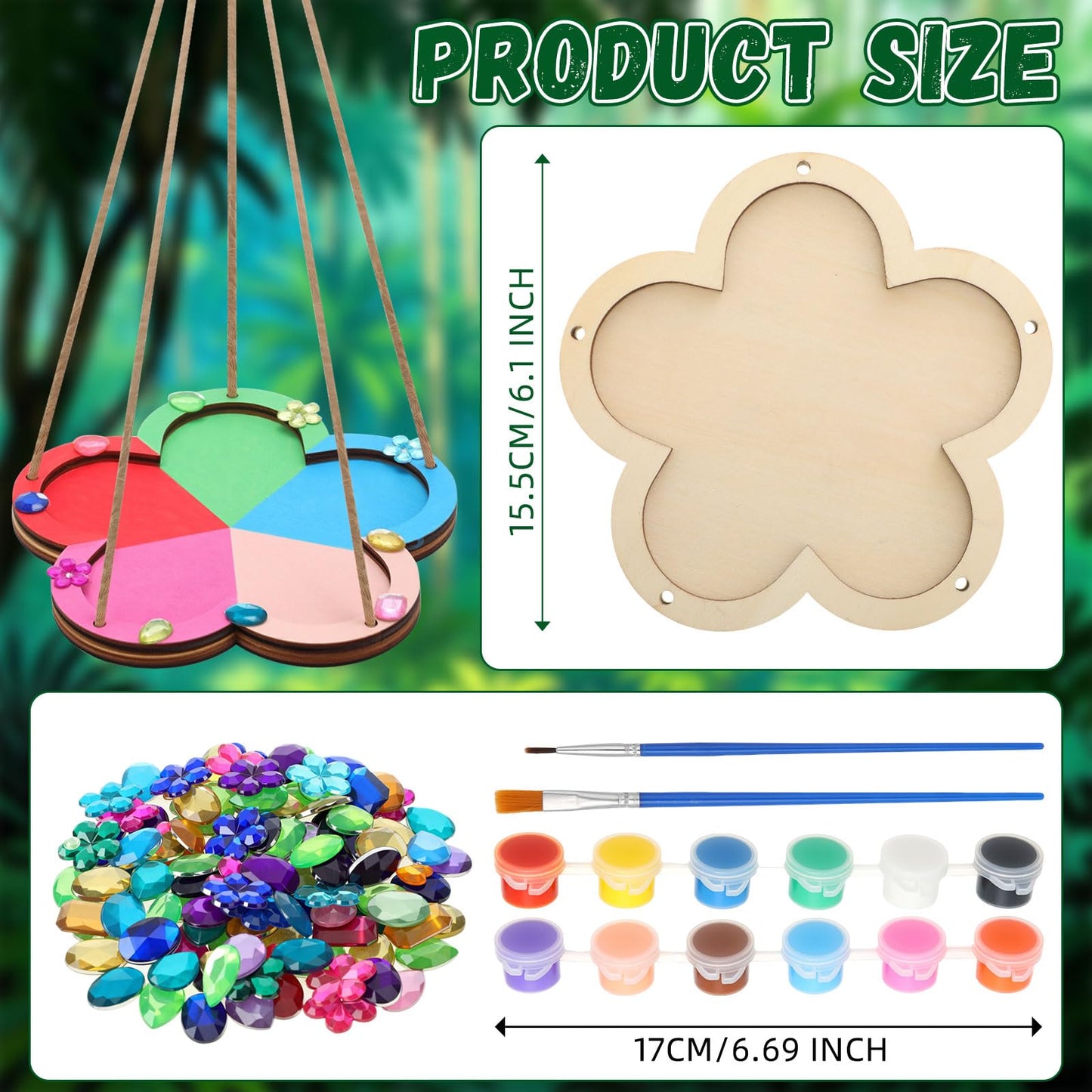 DoubleFill 24 Pcs DIY Bird Feeder Craft Kits for Kids Ages 5-8 8-12, 24 Flower Wooden Bird House, 4 Sets Watercolor and 200 Acrylic Diamonds for Children Spring Craft Activity Art DIY Project