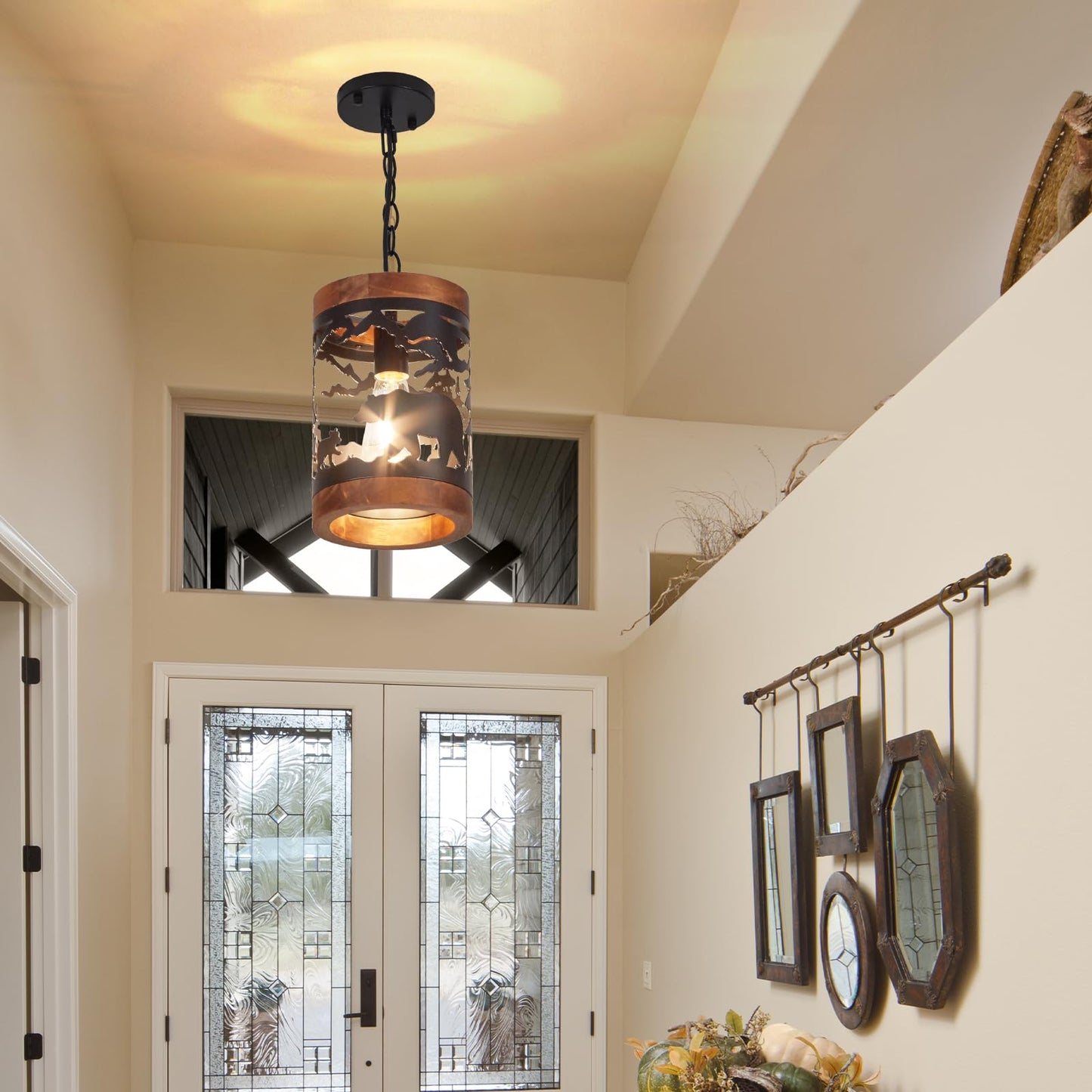 Rustic Bear Pendant Light, 1-Light Farmhouse Wood and Metal Cage Chandelier, Adjustable Hanging Ceiling Fixture for Kitchen Island, Hallway, Bar, Dining Room, Foyer, or Bedroom, (No Bulb Included)