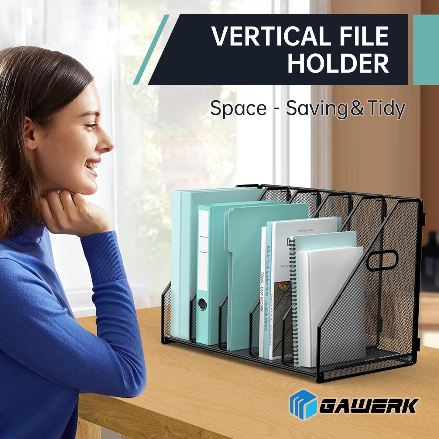 Gawerk 2 Pack Desktop File Magazine Folder Holder 5 Vertical Compartments, Desk Organizer Vertical Magazine Folder Organize with Side Handles, for Office Home School, Black