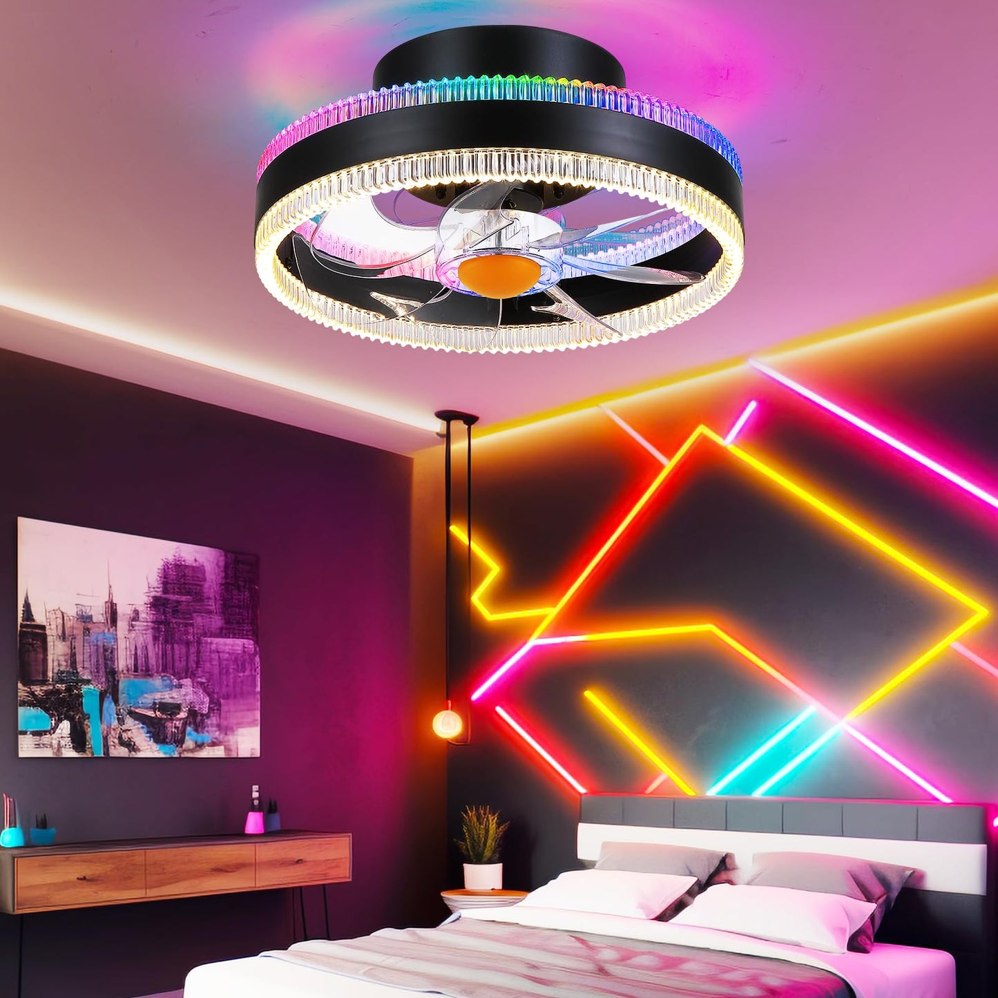 Mpayel Flush Mount Ceiling Fans with Lights - RGB Low Profile Ceiling Fan,13" Small Dimmable LED Bladeless Ceiling Fans, Modern Enclosed LED-RGB Ambient Light for Bedroom, Kids Room, Party