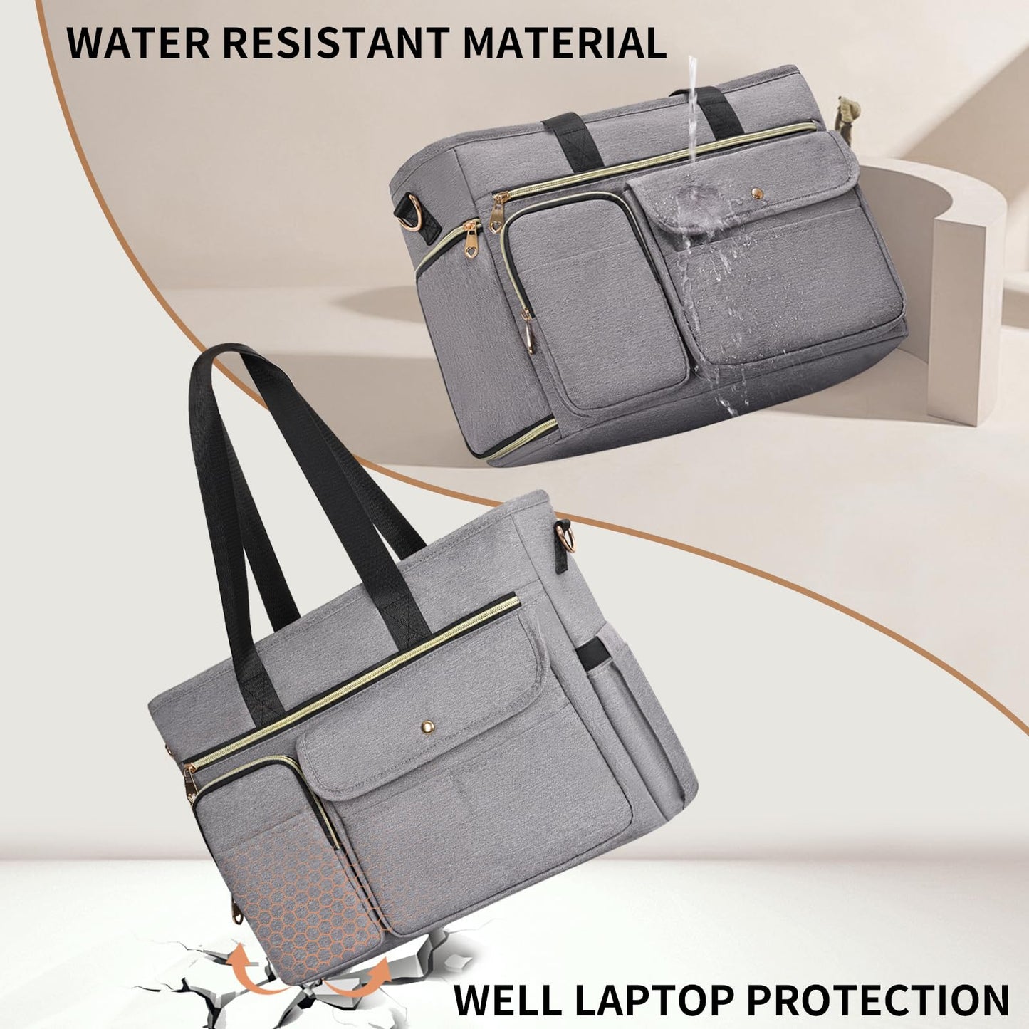 ESTARER Teacher Tote Bag for Women 2Pcs, 15.6'' Laptop Work Bag Computer bag w/Expandable File Folder, Large Water-Resistant Messenger Shoulder bag w/Insulated Pocket for Office/Travel/College, Grey