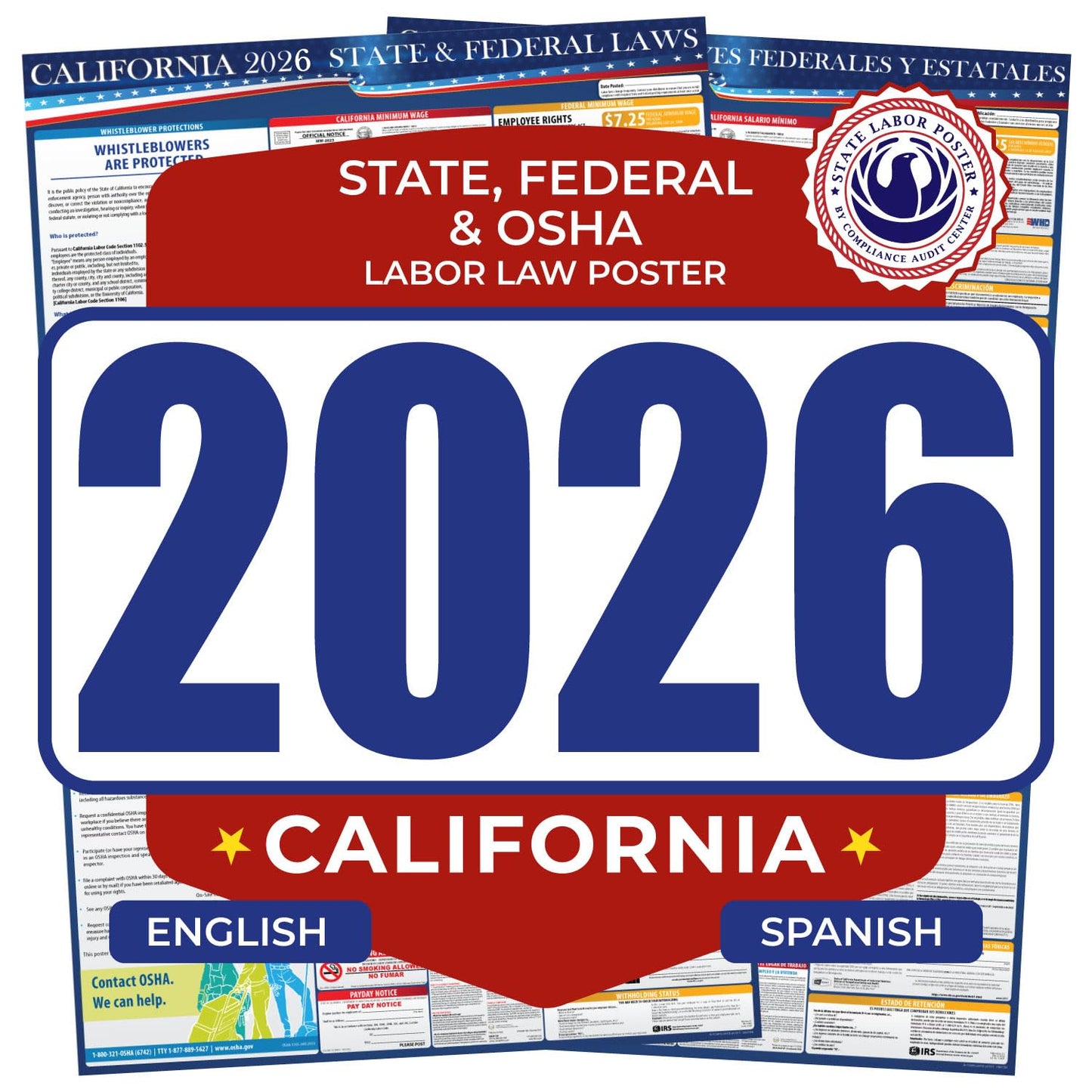2026 California State and Federal Labor Law Poster - English Spanish Combo - OSHA Workplace Compliant - All-In-One Mandatory Regulations Required Compliance Posting for Employees - 17" x 40" Laminated (Combo)