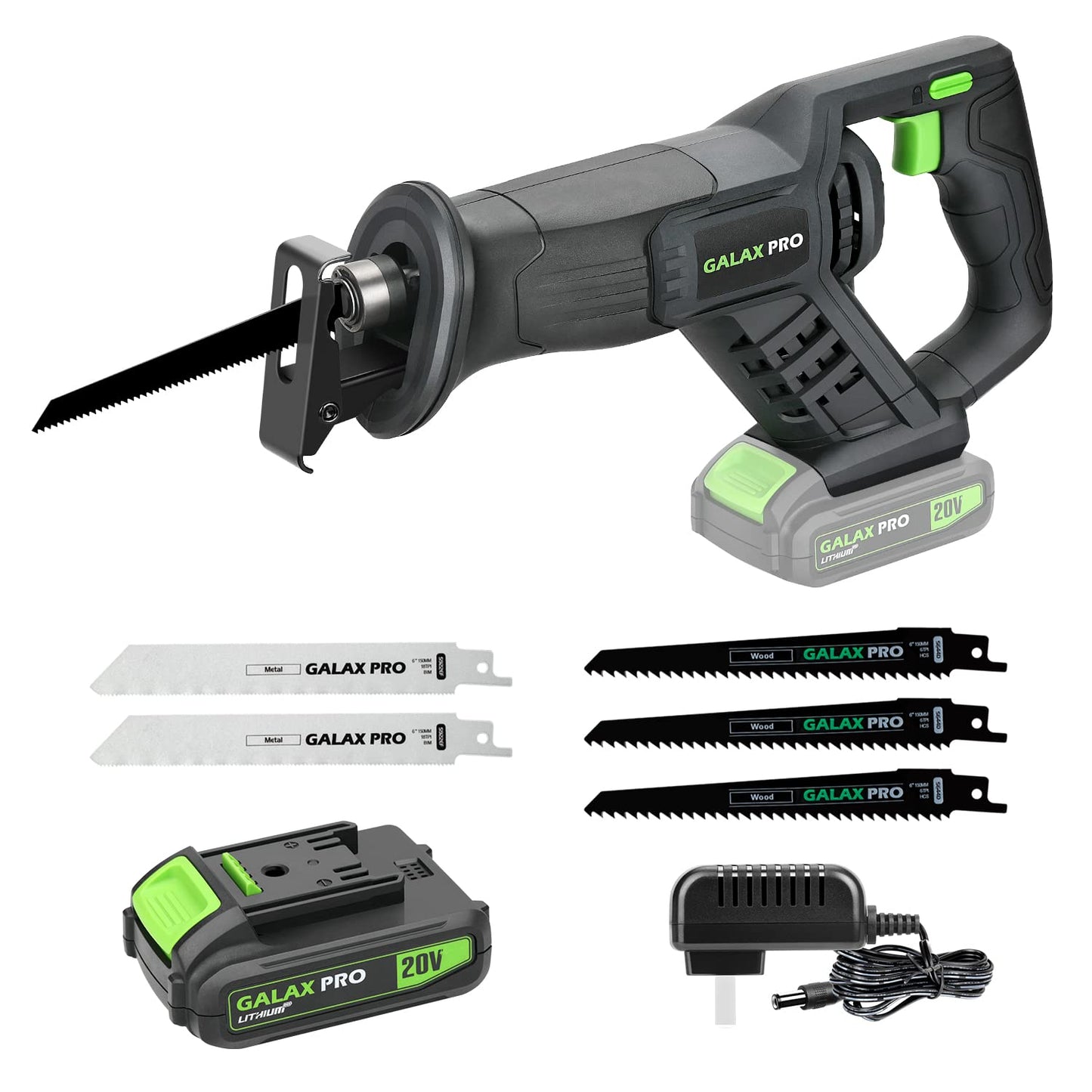 GALAX PRO Cordless Reciprocating Saw with 20V 2.0Ah battery, 0-3000RPM Variable Speed Power Reciprocating Saws with 7/8" Stroke Length,5pcs Zallsaw Blade for thin wooden board, soft metal Cutting