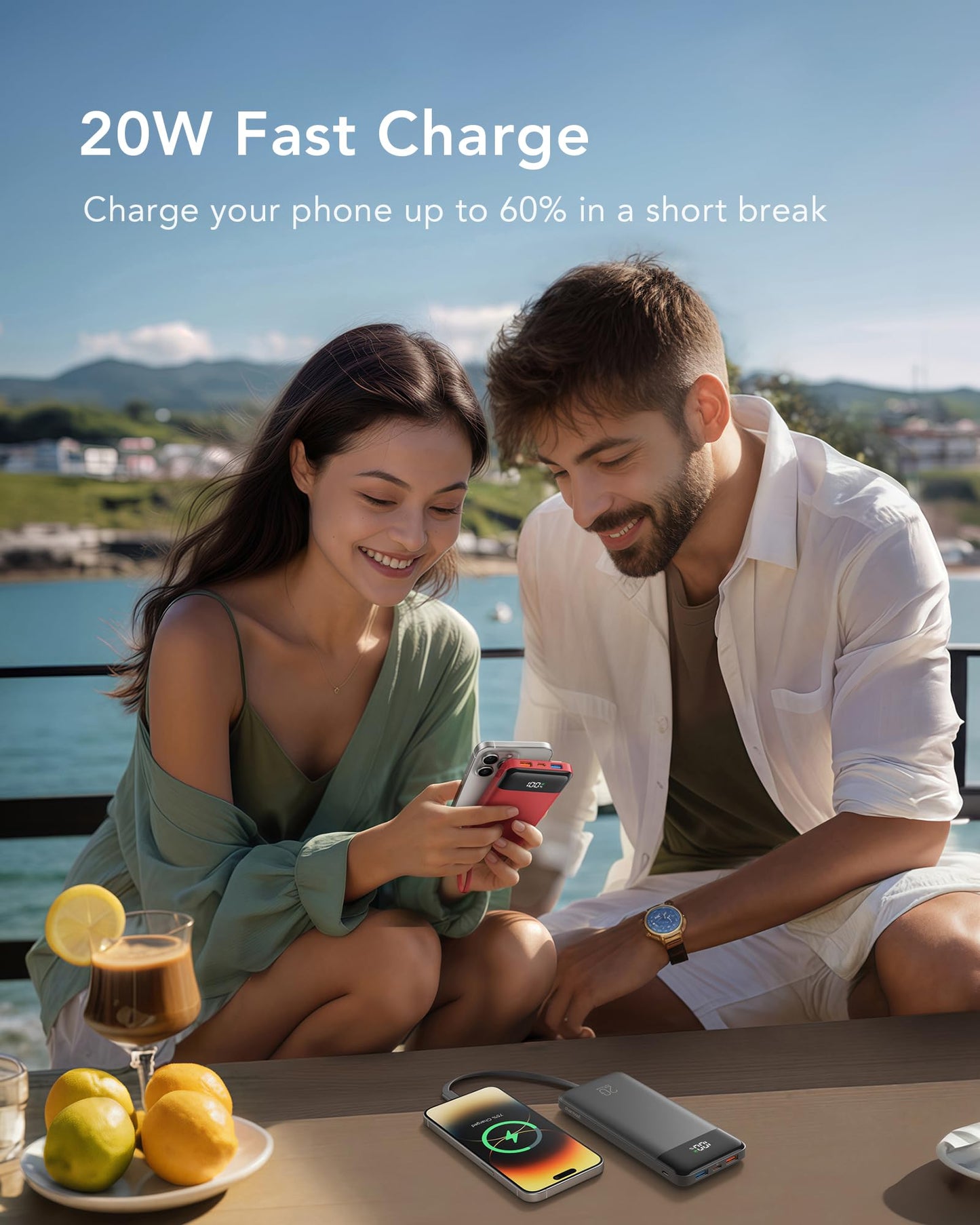 Charmast Portable Charger, 20000mAh Power Bank with Built-in Cables, 20W Fast Charging Travel Essential Battery Pack, LED Display Portable Charger Power Bank for iPhone, Phones, Tablets, More Devices