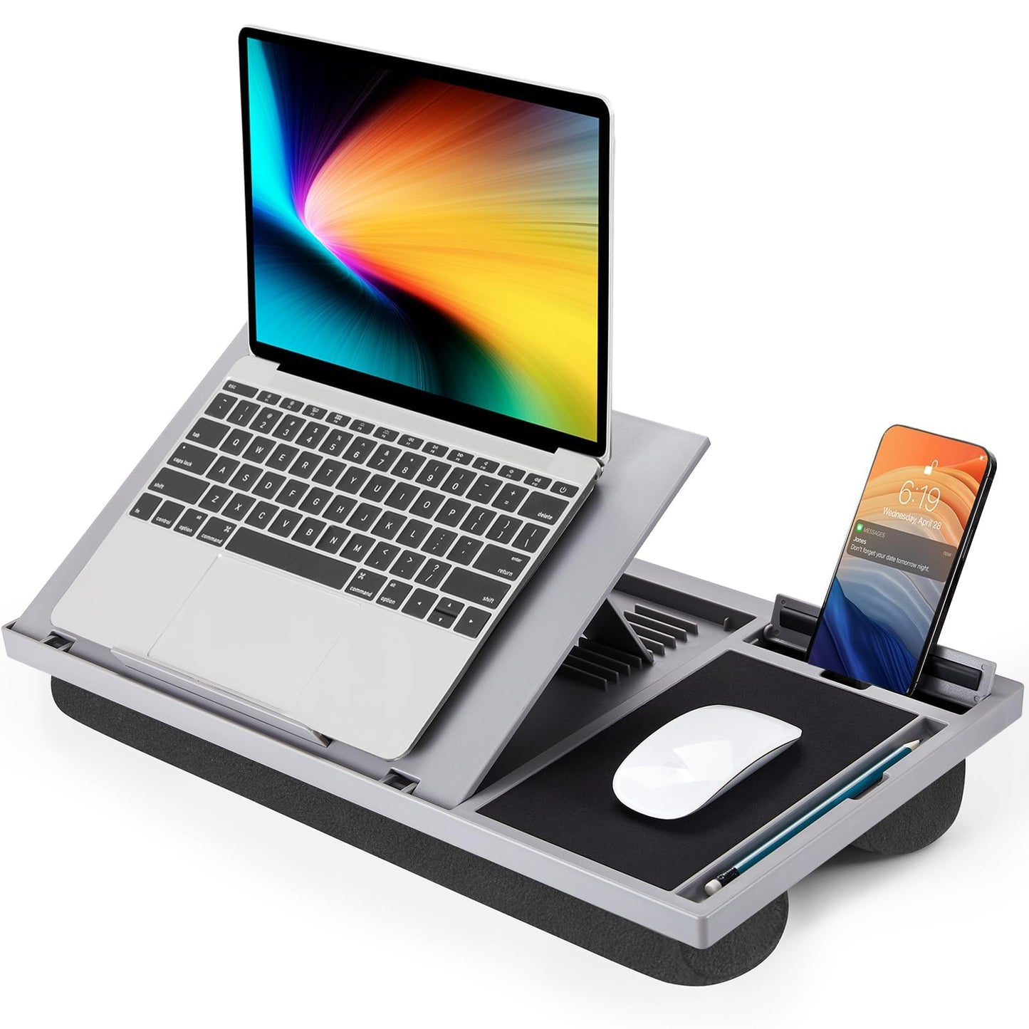 LORYERGO Adjustable Laptop Desk with Cushion, Mouse Pad & Cellphone Slot - Laptop Stand for Bed & Couch, Riser for Home & Office (Grey)