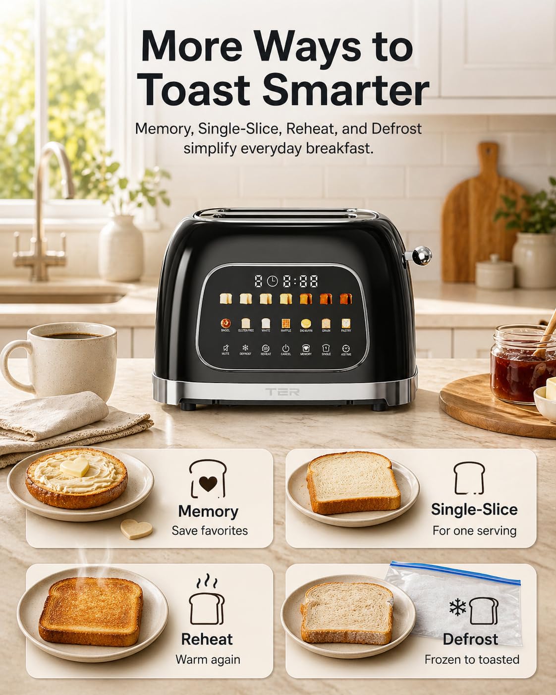 Toaster 2 Slice, Touch Screen Wide Slot Retro Toaster for Bagel & Thick Breads, Stainless Steel Smart Digital Toasters, 7 Bread Modes & 7 Browning Levels, Mute Mode, Memory, Defrost & Reheat, Black