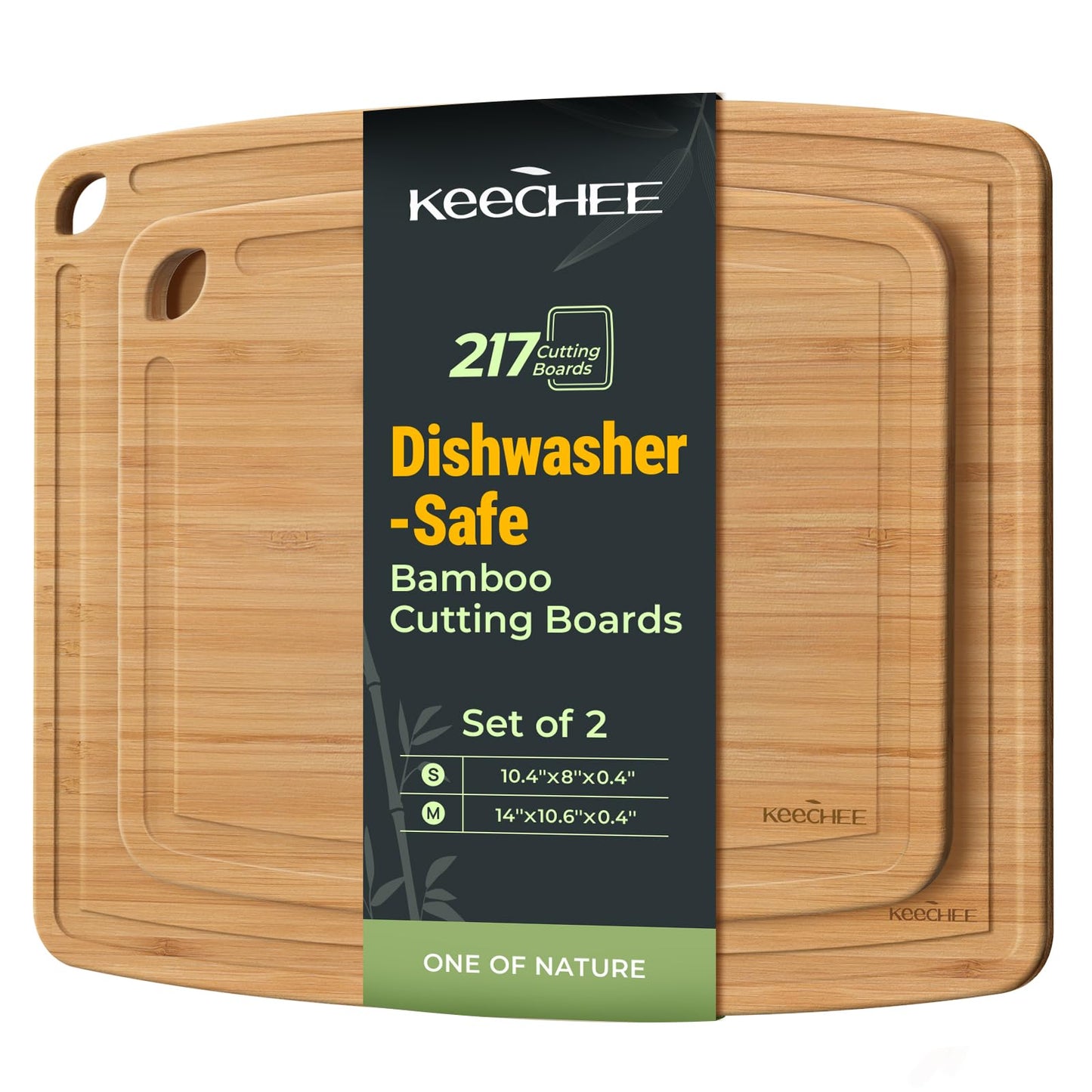 Keechee Dishwasher Safe Bamboo Cutting Boards Durable Lightweight Wood Cutting Board for Busy Kitchen, Easy Storage & Clean Wooden Chopping Boards with Juice Groove Set of 2 (M+S)