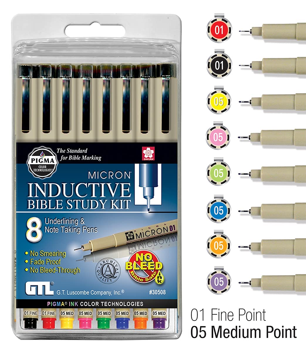 G.T. Luscombe Company, Inc. Pigma Micron 01 Fine & 05 Medium Point Bible Study Pen Kit | No Smearing or Fading | Bible Safe | Artist Pens | No Bleed Pigmented Ink (Set of 8)
