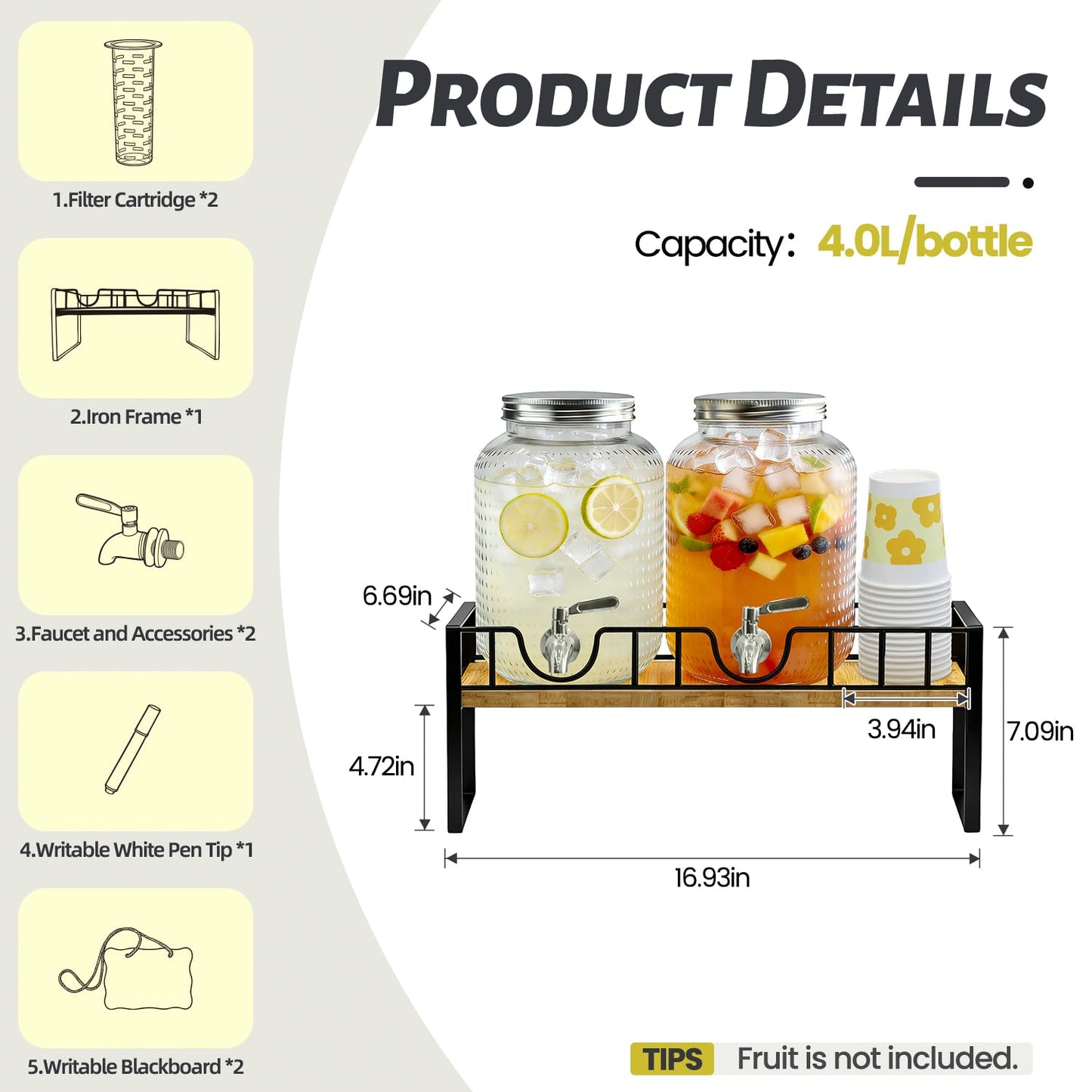 Hassky Extra Wider Glass Drink Dispensers For Parties 1 Gallon*2 Packs Set, Beverage Dispenser With Stand Glass Water Dispenser With Spigot Stainless Steel & Filter -for Lemonade, All Juice
