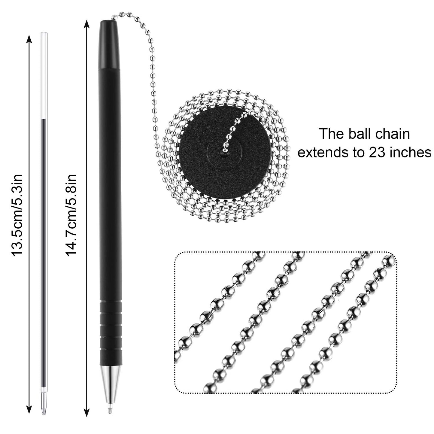 Security Pen Set with Bead Chain and Pen Holder, Desktop Pens with Chains, Blank Ink Refills for Office Bank Supplies, Black (64 Pieces)