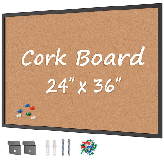 Board2by Cork Board Bulletin Board 24 x 36, Black Wood Framed 2x3 Corkboard, Office Board for Wall Cork, Large Wall Mounted Notice Pin Board with 16 Push Pins for School, Home & Office