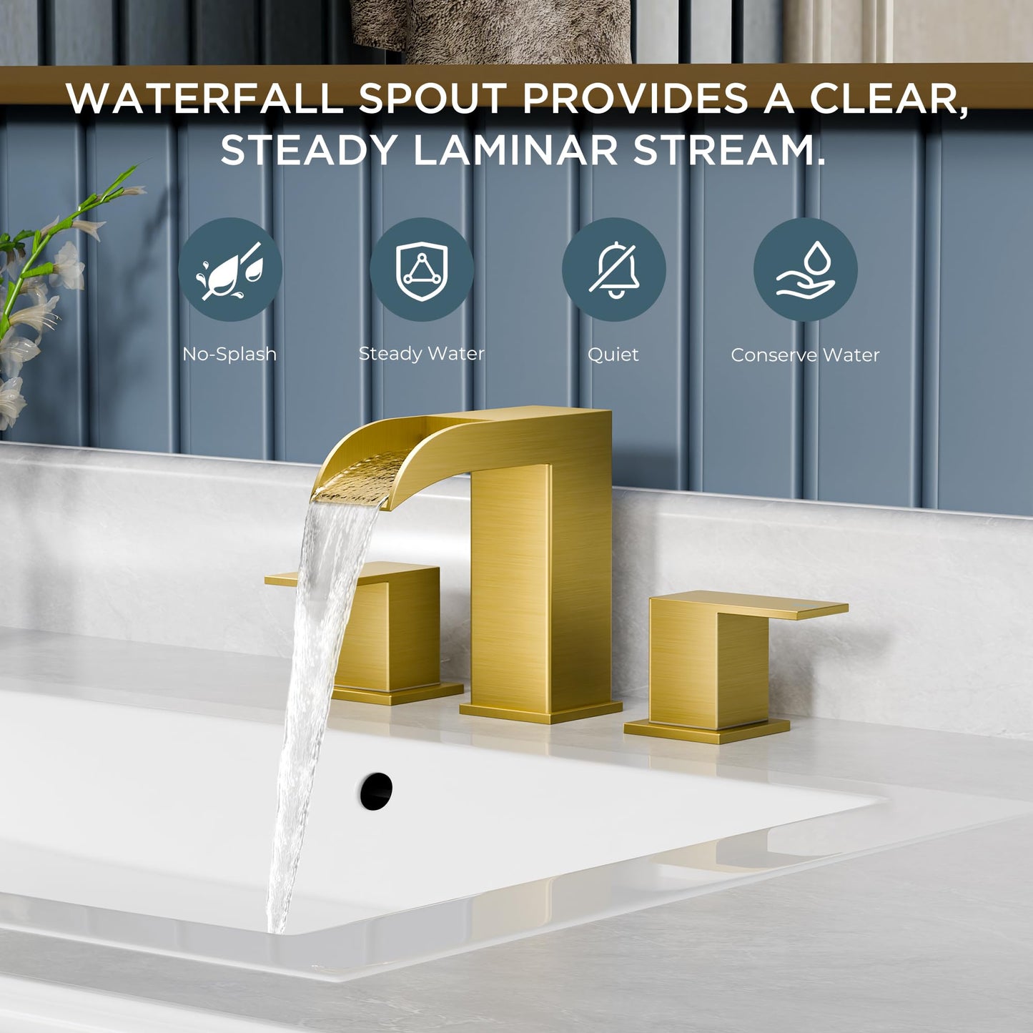 QFN Gold Bathroom Sink Faucet 3 Hole, 8 Inch Widespread Waterfall Square Bathroom Faucets with Metal Pop-up Drain and Cupc Hose Two Handle for Vanity, Lavatory Sink