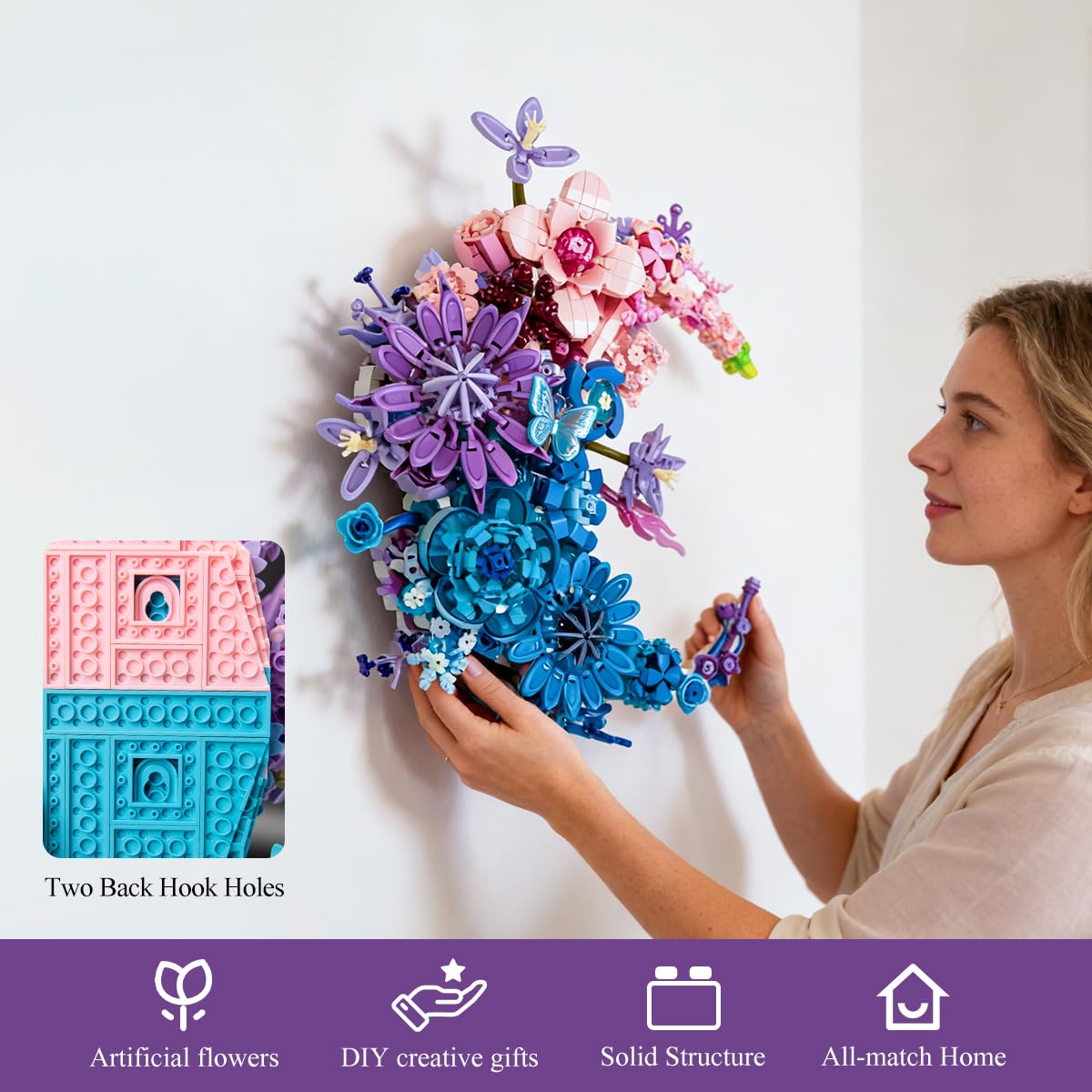 Moon Eternal Flower Decoration Building Set for Adults, 977 Pcs Micro-Particle Crescent-Shaped Artificial Flowers Building Blocks with Built-in Wall-Mounting Holes for Easy Wall Display (JJ9163)