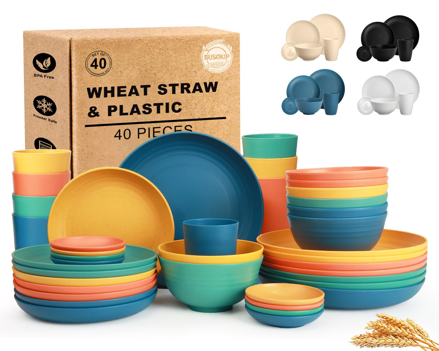 BUSOKIP Wheat Straw Dinnerware Sets 40 Piece, Kitchen Plates and Bowls Set, Unbreakable Dishes Set for 8, Microwave and Dishwahser Safe Dishware Sets for Home, Camping, RV, Party - Multi