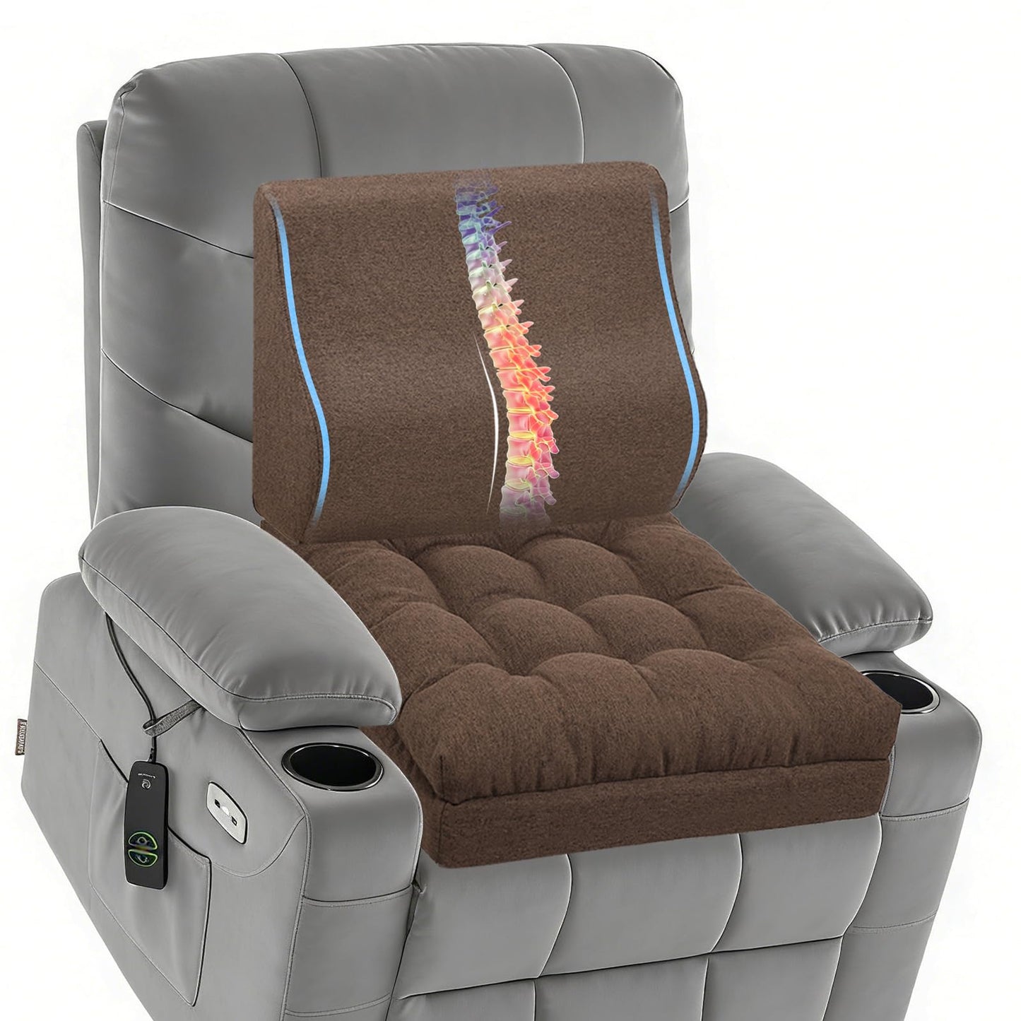 baibu Extra Large Memory Foam Recliner Cushions with Lumbar Support Pillow for Elderly, 20x20x5 Inch Thick Dual-Layer Patent Design Non-Slip Recliner Seat Cushion for Reduce Hip & Lumbar Pain, Brown