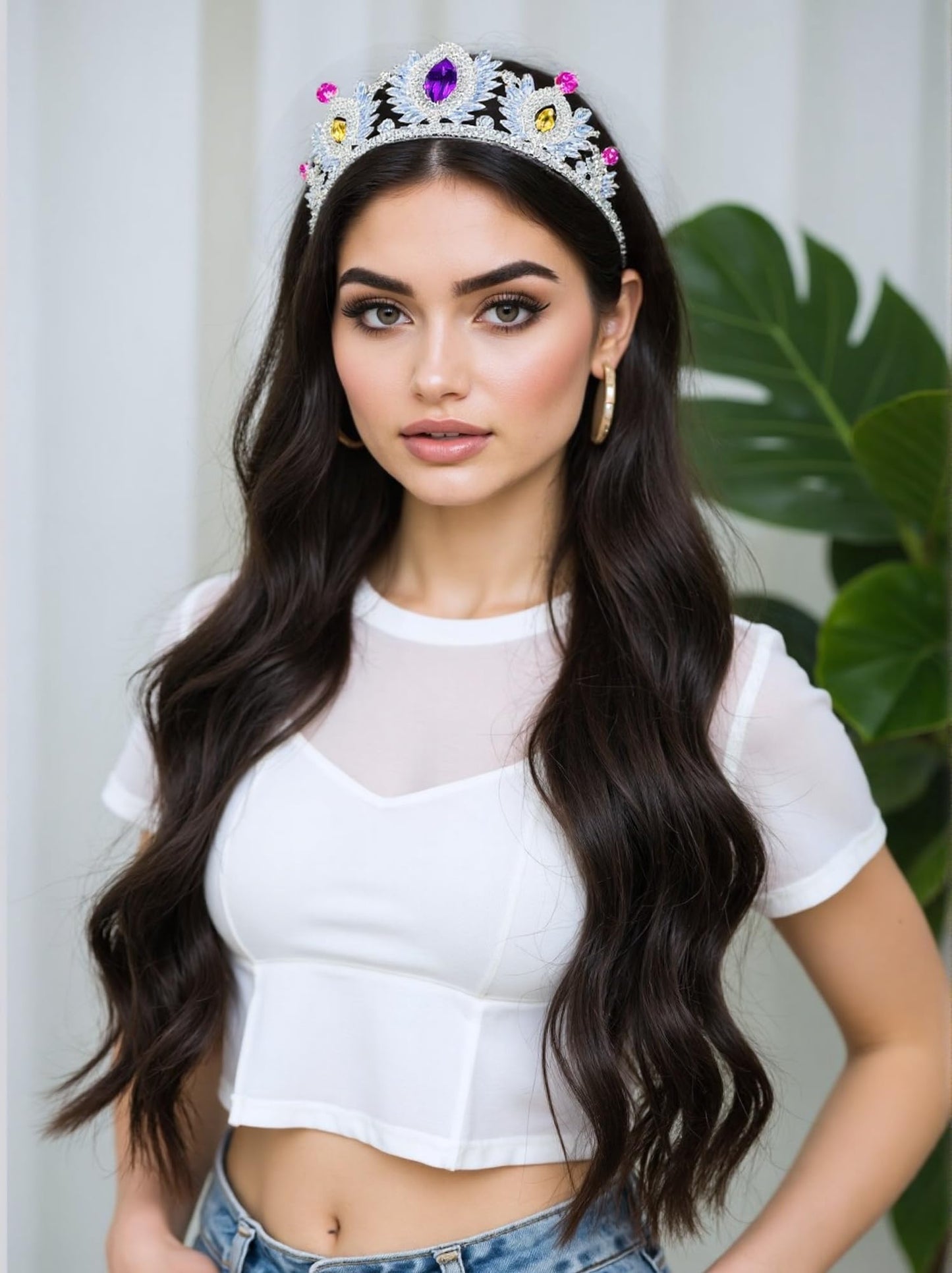 ZECAA Crystal Tiara Crown Headband Princess Elegant Crown With Natural Amethyst Citrine Pink Topaz Gemstone Women Lady Bridal Wedding Prom Birthday Party Girl Gift
